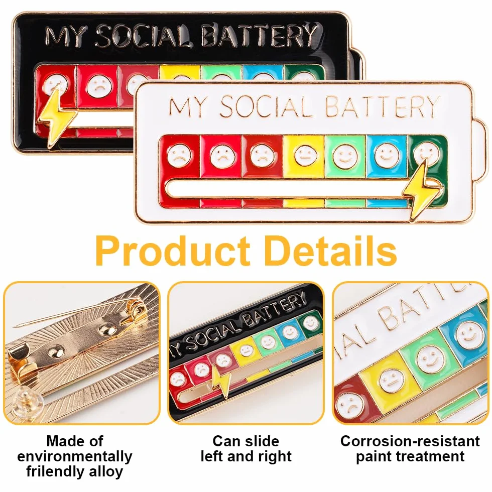 My Social Battery Pin, 6 zabawnych broszek do nastroju społecznego, interaktywne szpilki nastrojowe z 7 emocjami dla mężczyzn i kobiet (białe + czarne)