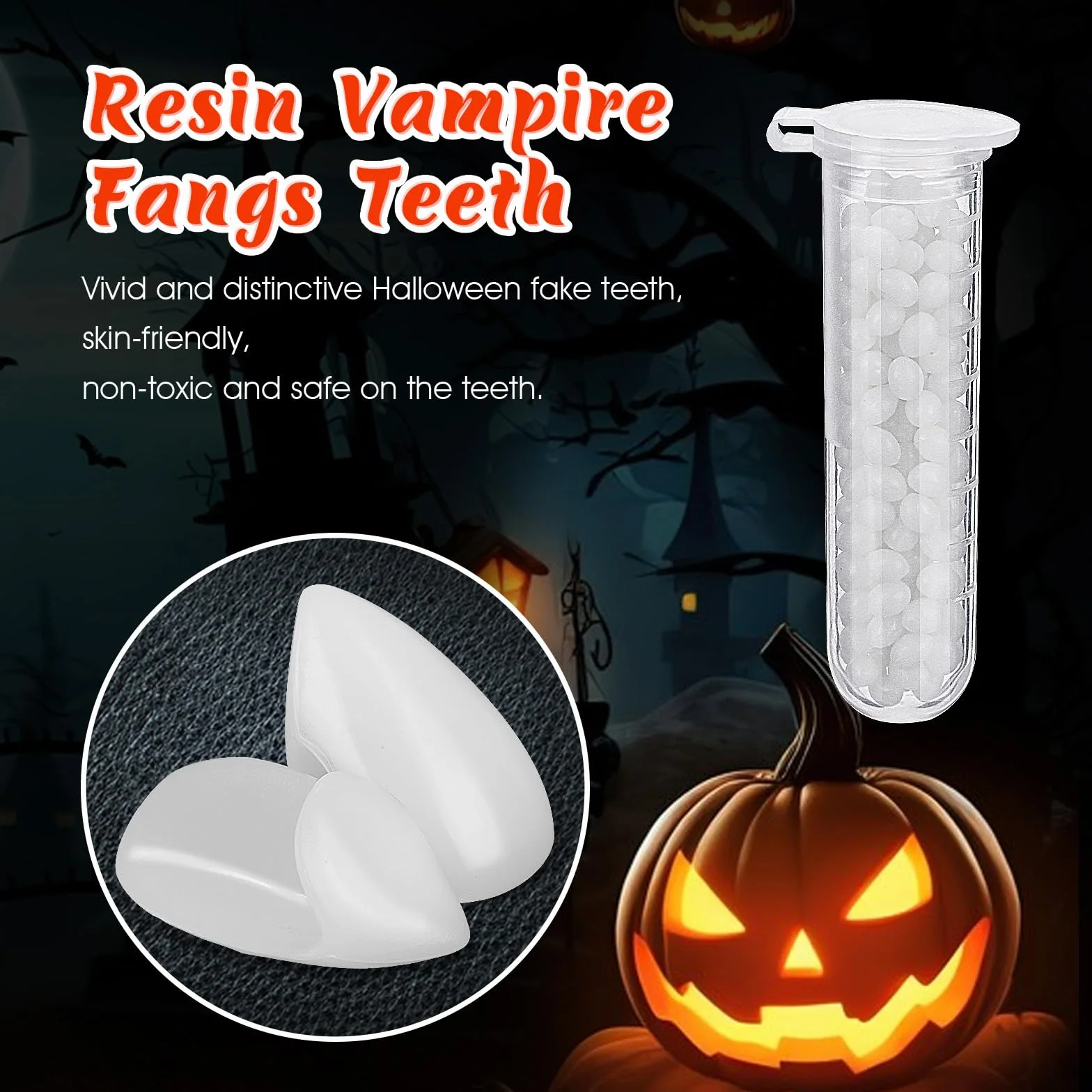 4 pary zębów wampira z 2 granulkami kleju, 4 rozmiary, Halloween, zęby wampira, sztuczne zęby, na imprezę Cosplay, rekwizyty Halloween, demon, czarownica, 13, 15, 17, 19 mm