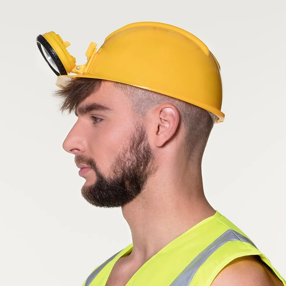 Boland 01414 - kask budowlany ze światłem, żółto-czarny, dla dorosłych, regulowany rozmiar, plac budowy, kostium, karnawał, impreza tematyczna