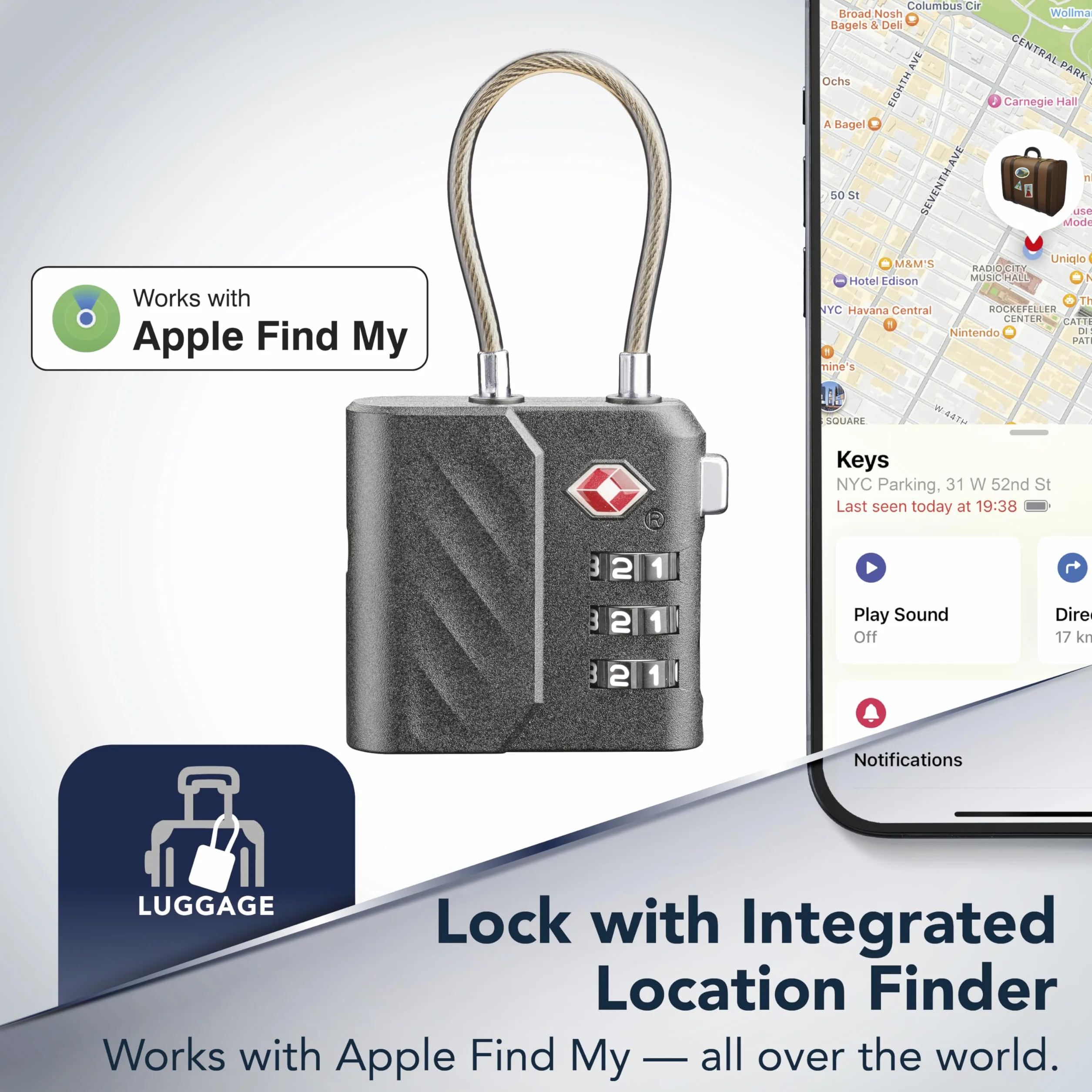 Cellularline Tracy Lock – zintegrowana kłódka z lokalizatorem, z Apple Find My Track, kompatybilna tylko z urządzeniami Apple, certyfikat TSA, szybkie ładowanie USB-C, kolor czarny