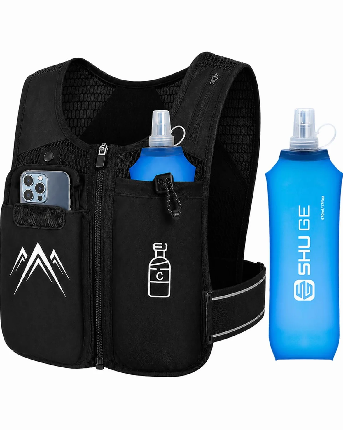 Kamizelka do Biegania Dla Kobiet I Mężczyzn, Kamizelka Biegowa Odblaskowa, z 470 ml Soft Flask, Regulowane Pasy Piersiowe, Ultralekka, Maratonu, Joggingu