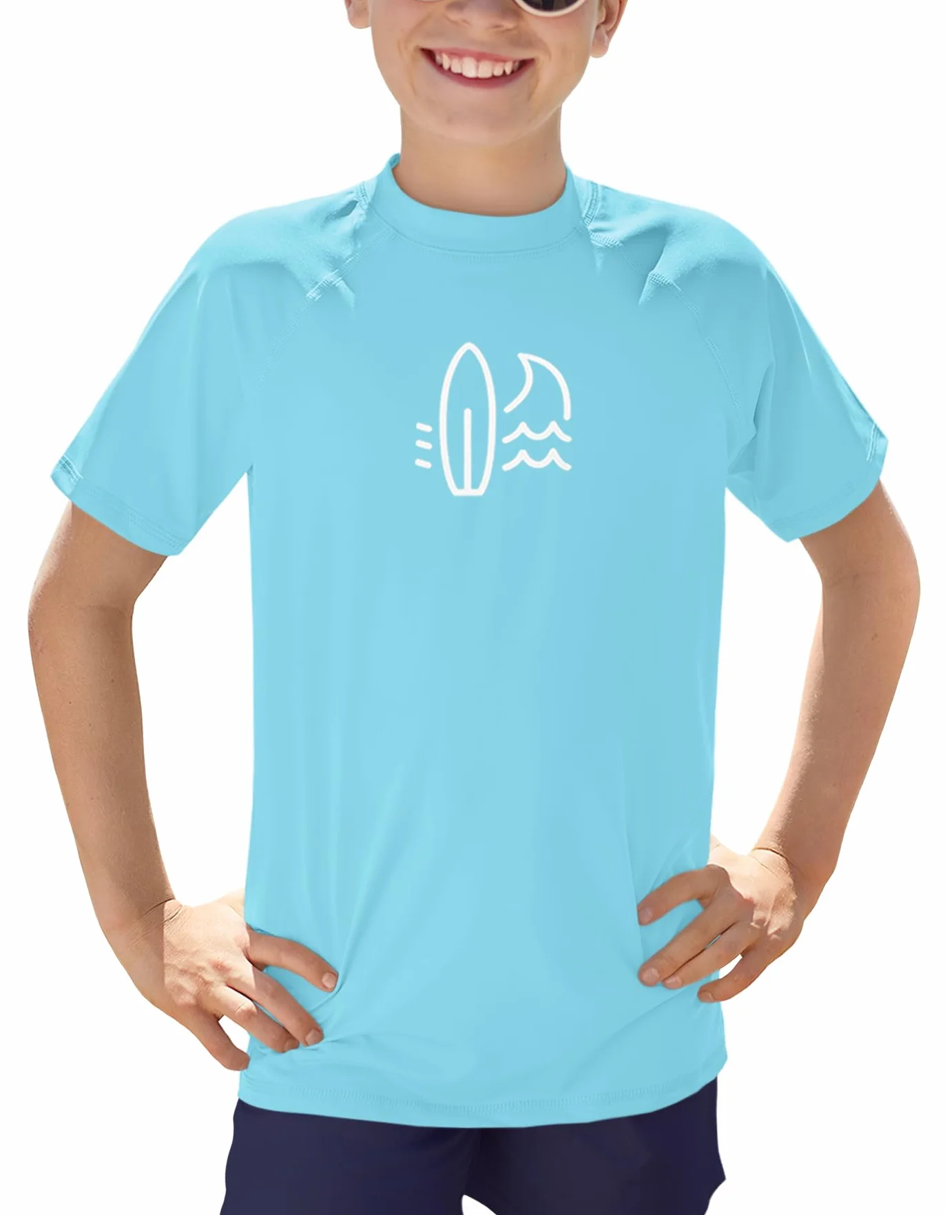 BesserBay Koszulka chłopięca UV UPF 50+, dziecięca Rashguard, krótki rękaw, okrągły dekolt, koszulka kąpielowa, 110-160