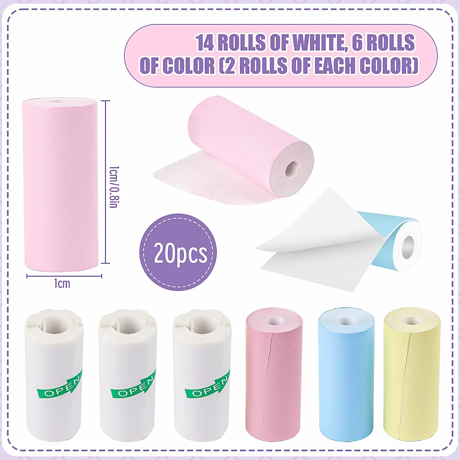 Mini naklejki na drukarkę, 20 rolek papieru termicznego do aparatu dziecięcego, 14 rolek białych i 6 kolorowych do mini drukarki fotograficznej (57 x 25 mm)