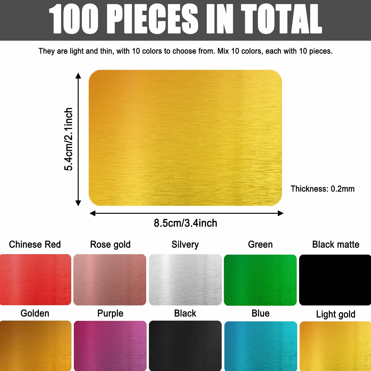100 wizytówek z metalu – grawerowane laserowo aluminium, matowe, puste dla klientów biurowych, "zrób to sam" (kolor)