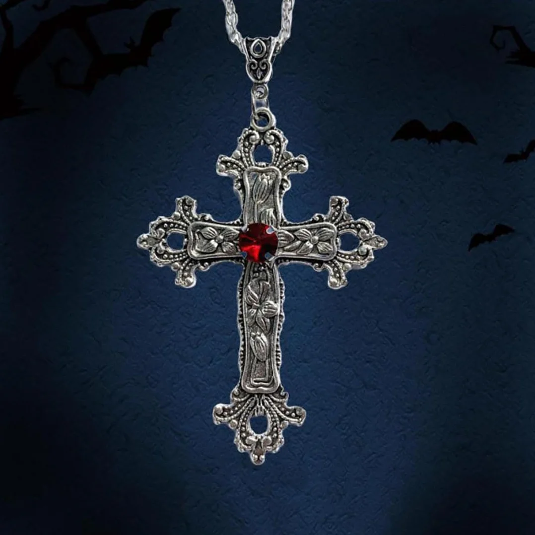 Gothic Srebrny Vintage Krzyż Naszyjnik Duży Grawerowany Kwiat Krzyż Naszyjnik Naszyjnik Halloween Akcesoria dla kobiet i mężczyzn