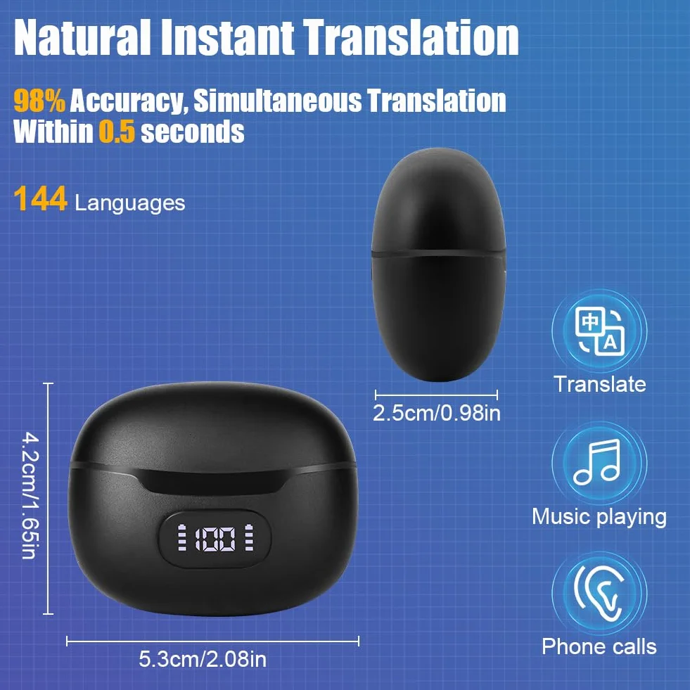 Ainiv AI Słuchawki do tłumaczenia błyskawicznego, 144 języków w czasie rzeczywistym, 3 w 1, słuchawki do tłumaczenia Bluetooth 5.3, obsługa połączeń muzycznych, do podróży, nauki, pracy