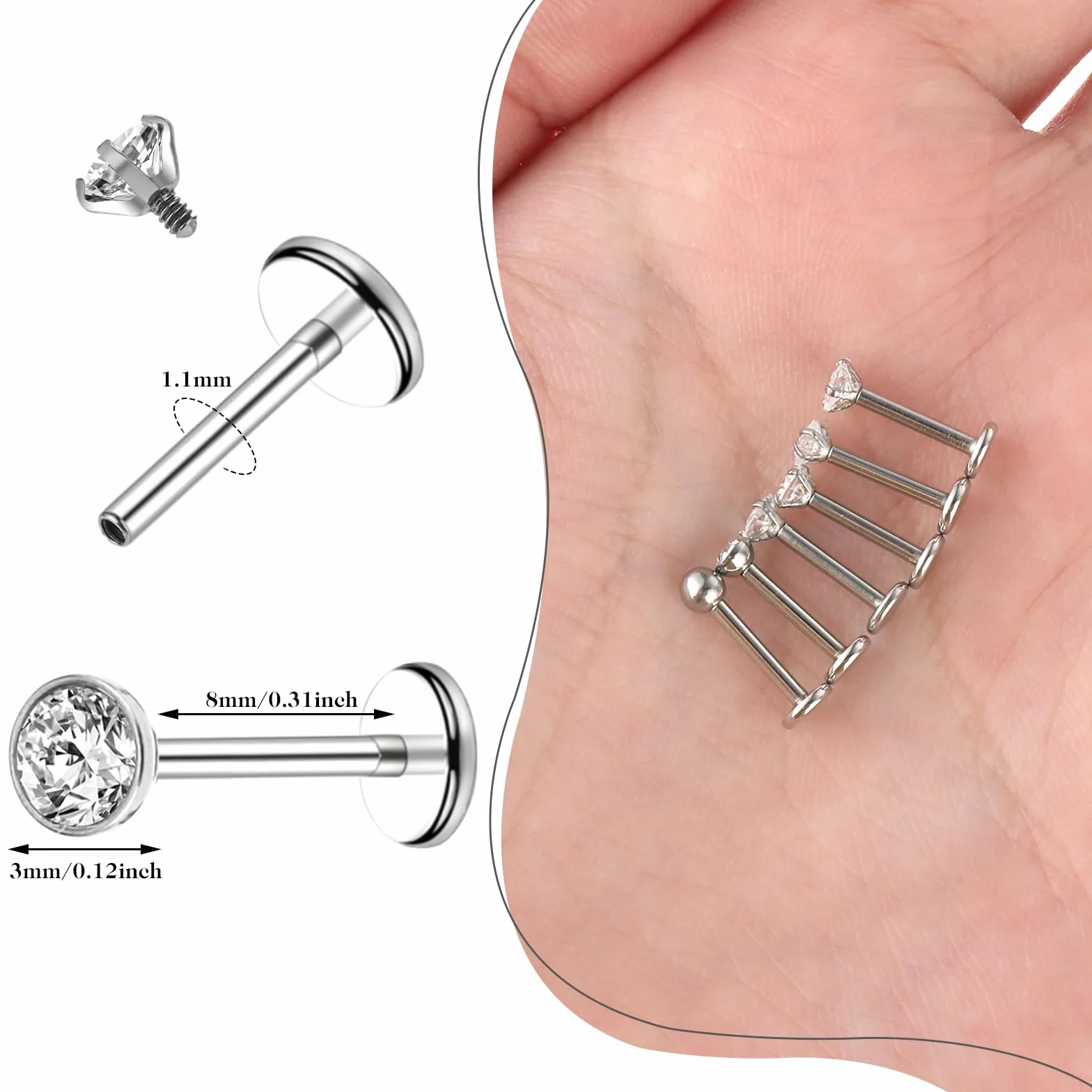 Tucnoeu 6 sztuk srebrnych kolczyków do wargi, tragus, piercing do uszu, helix, stal chirurgiczna, zestaw biżuterii 8mm pręt z cyrkonią, dla mężczyzn i kobiet, 15 cm, Metal, No Gemstone