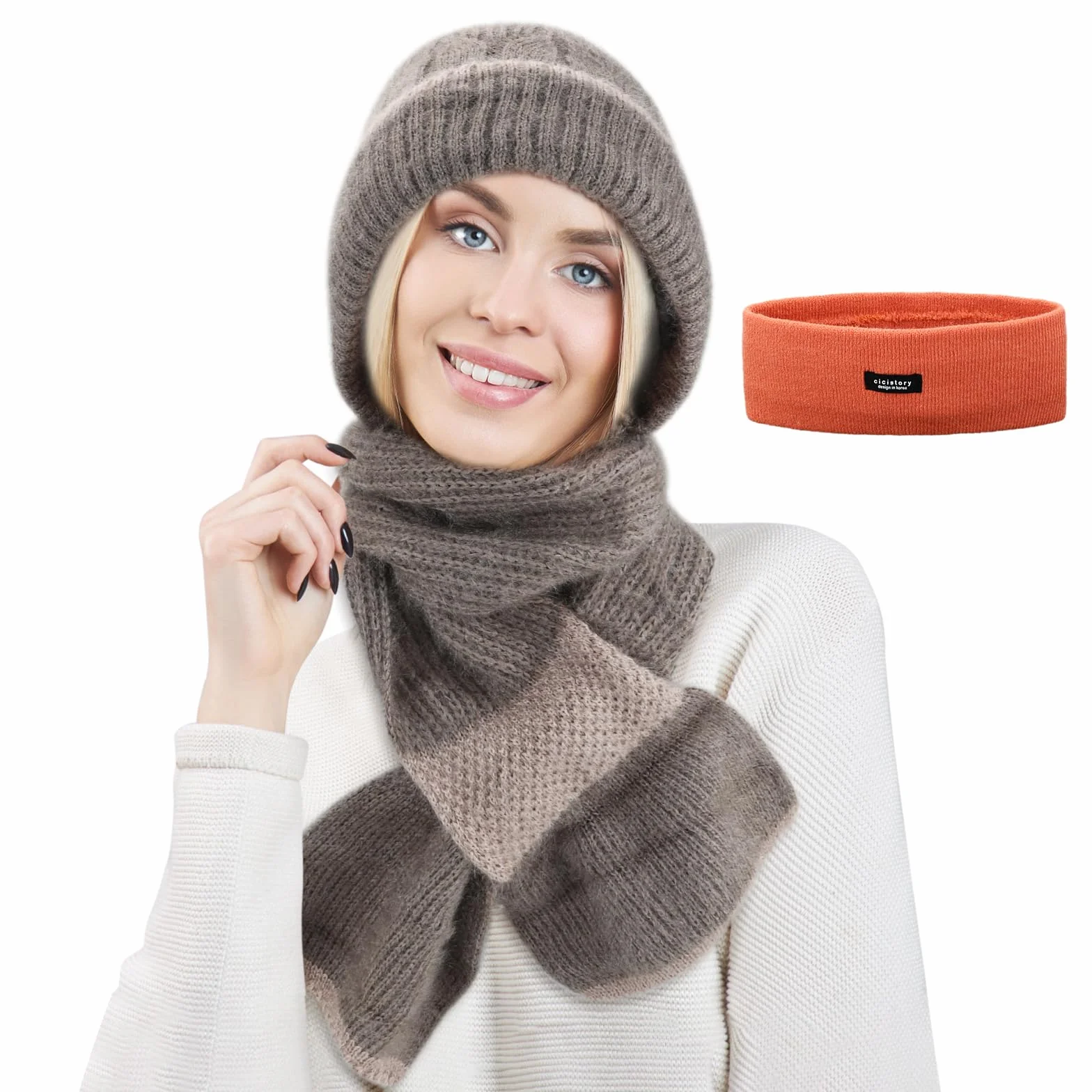 Zintegrowana ochrona uszu, wiatroszczelny szalik 2 w 1, zimowy dzianinowy ciepły szalik z kapturem, ciepła gruba czapka beanie, apaszka, zestaw dla kobiet, dziewcząt, z opaską na głowę, prezenty