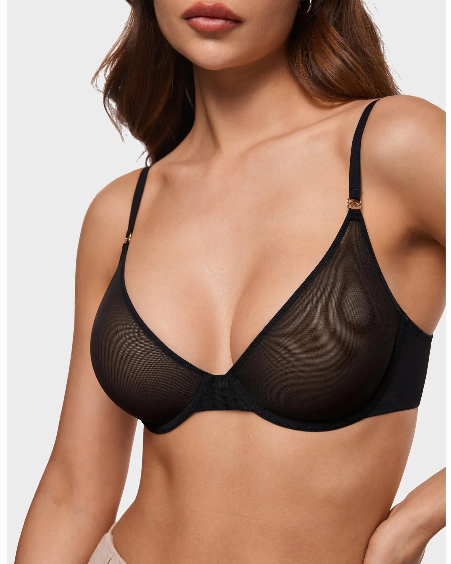 INLYRIC Biustonosz damski Cosnufy Sheer Balconette Demi Unlined Plunge Mesh Transparent Sexy Biustonosze Fiszbiny