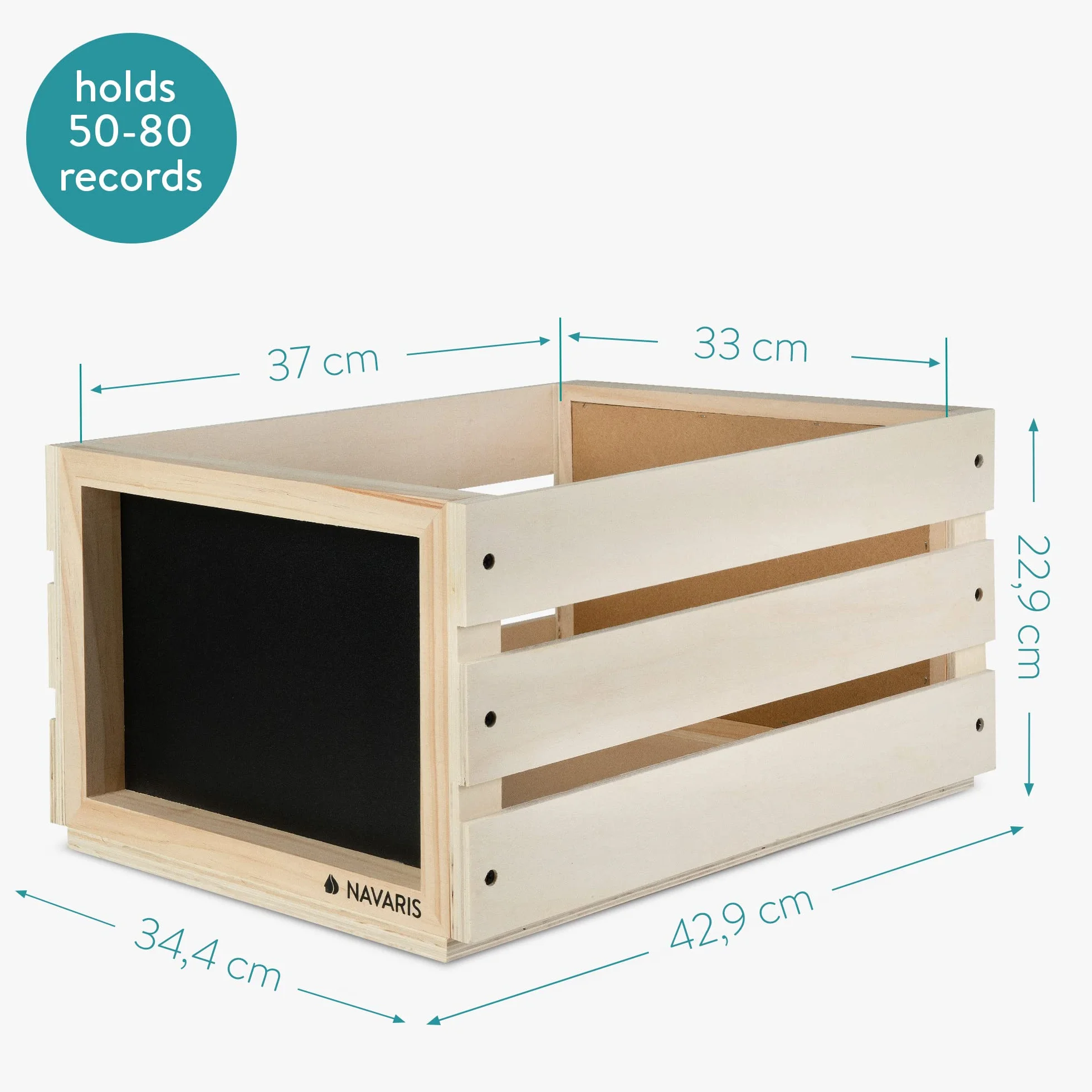 Navaris Drewniana skrzynka na płyty - stojak do przechowywania albumów winylowych, drewniane etui z tablicą kredową, pomieści do 80 płyt LP, naturalna