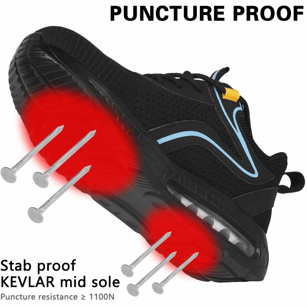 OFFCUP Męskie buty ochronne, buty ochronne, buty robocze ze stalowym noskiem, lekkie, wygodne buty ochronne, buty robocze, trampki przemysłowe, z poduszką powietrzną, czarne