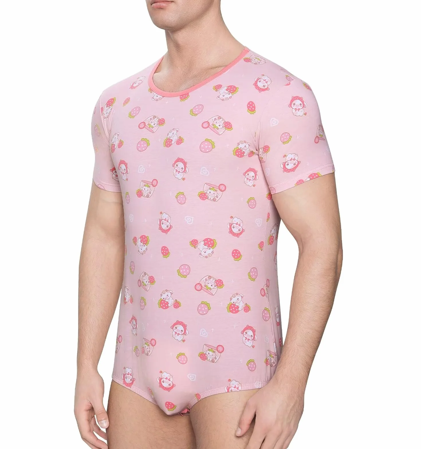 Landofgenie Body męskie z krótkim Rękawem Jednoczęściowy T-shirt z nadrukiem Piżama Trykot Oddychająca Bawełniana Koszulka na Ramiączkach Strawberry Cow