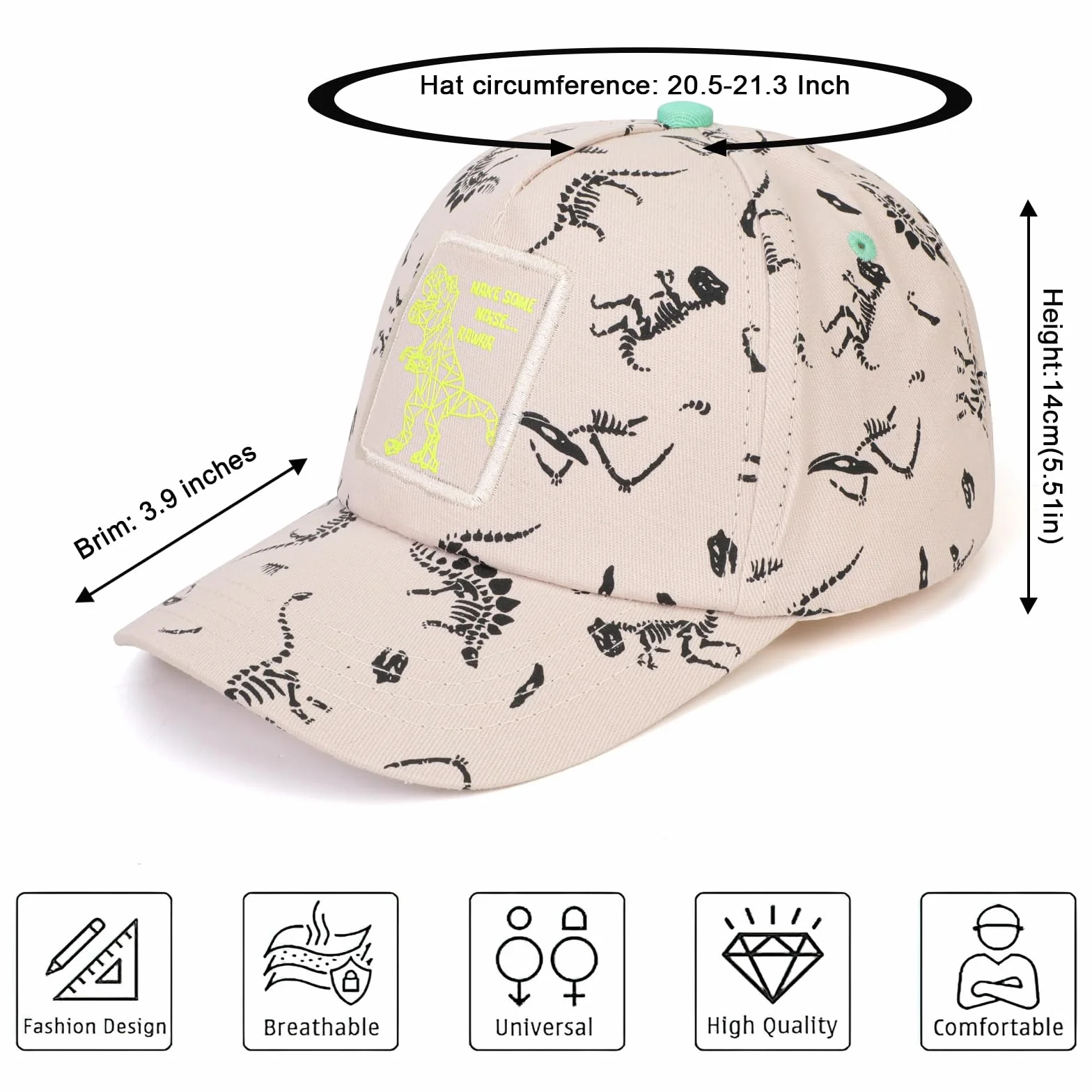 QKURT Chłopięca czapka z daszkiem, letnia czapka przeciwsłoneczna, ochrona przed promieniowaniem UV, czapka sportowa, regulowana czapka typu trucker z wzorem dinozaura dla dzieci w wieku 3-8 lat