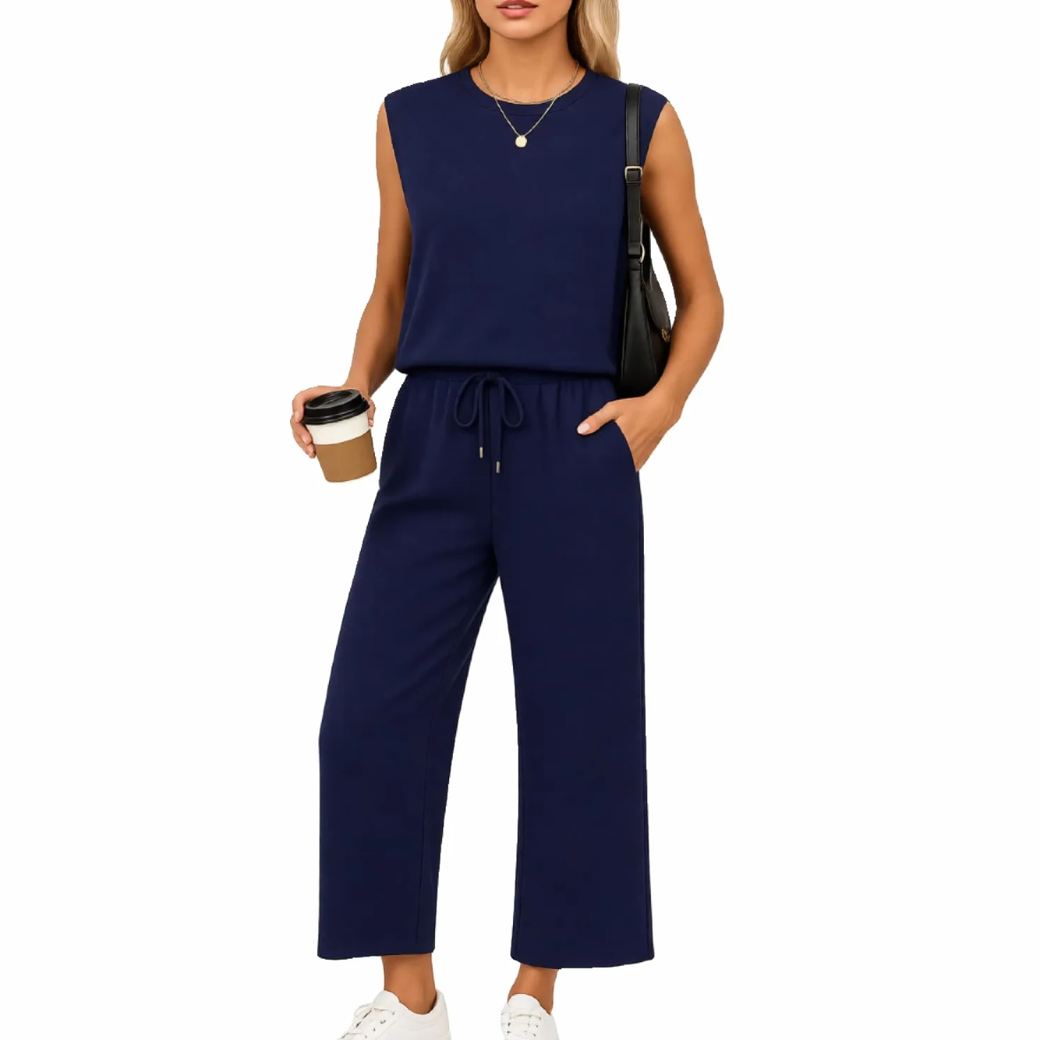 Womens Casual Sleeveless Top and Wide Leg Pants Set 2 Piece Outfit Solid Color Round Neck Lounge Wear Matching Set for Summer Spring Daily Wear