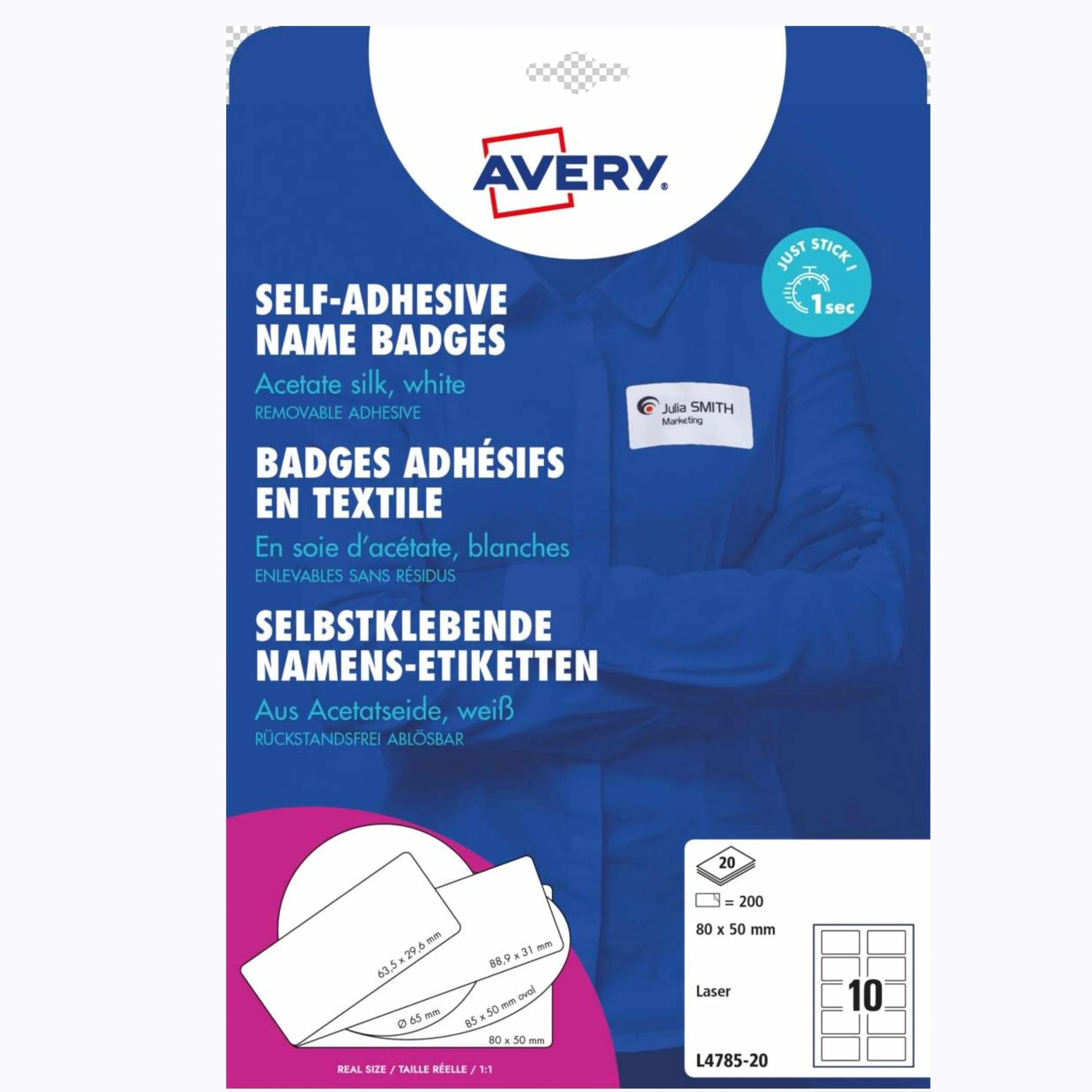 Avery Samoprzylepne etykiety z możliwością zmiany położenia, 10 etykiet na arkusz A4 - niebieskie obramowanie (L 4785), białe, 80 x 50 mm