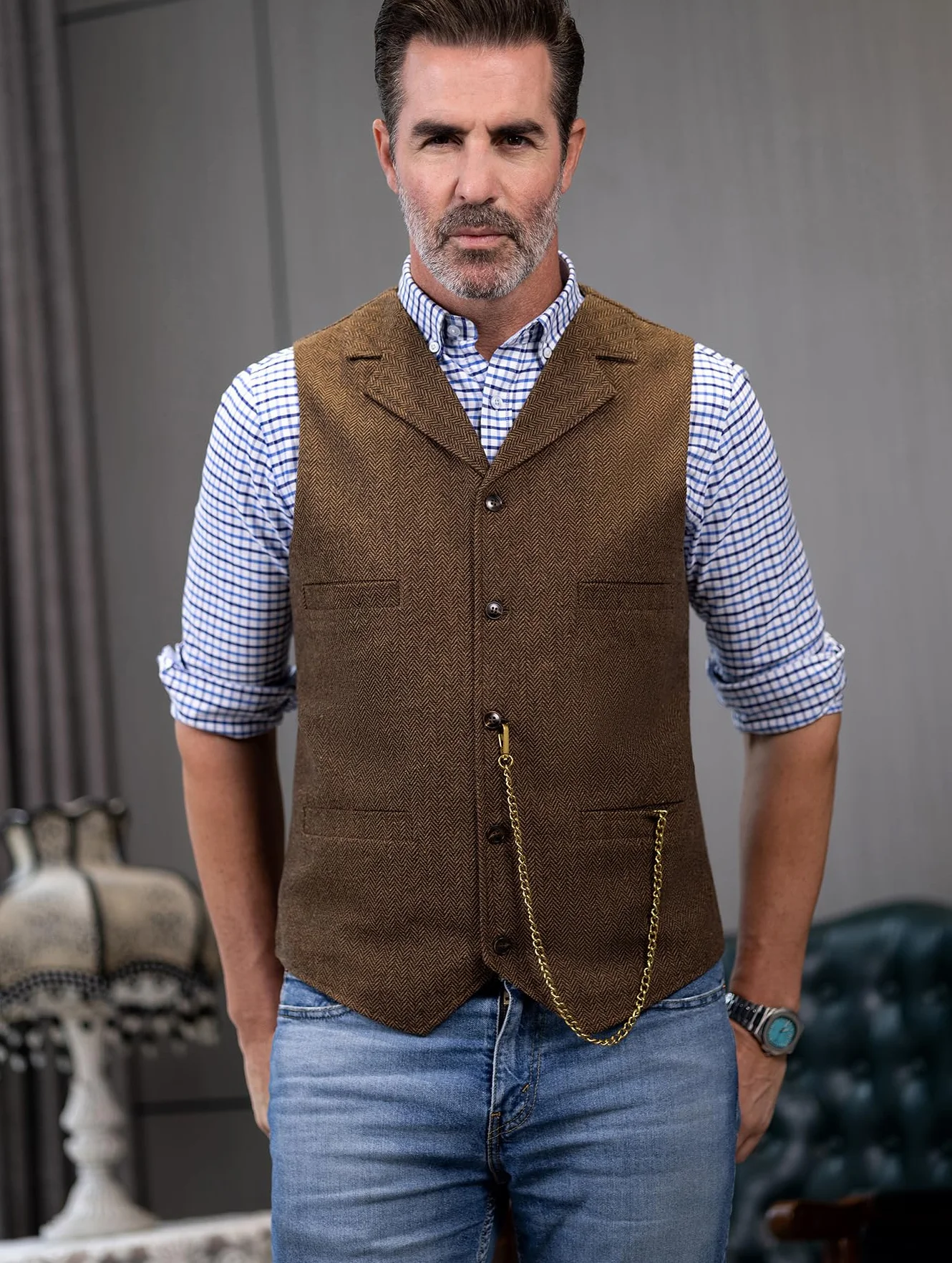 Ceehuteey Męska kamizelka garniturowa, tweed, retro, dekolt w serek, wełniana jodełka, na studniówkę