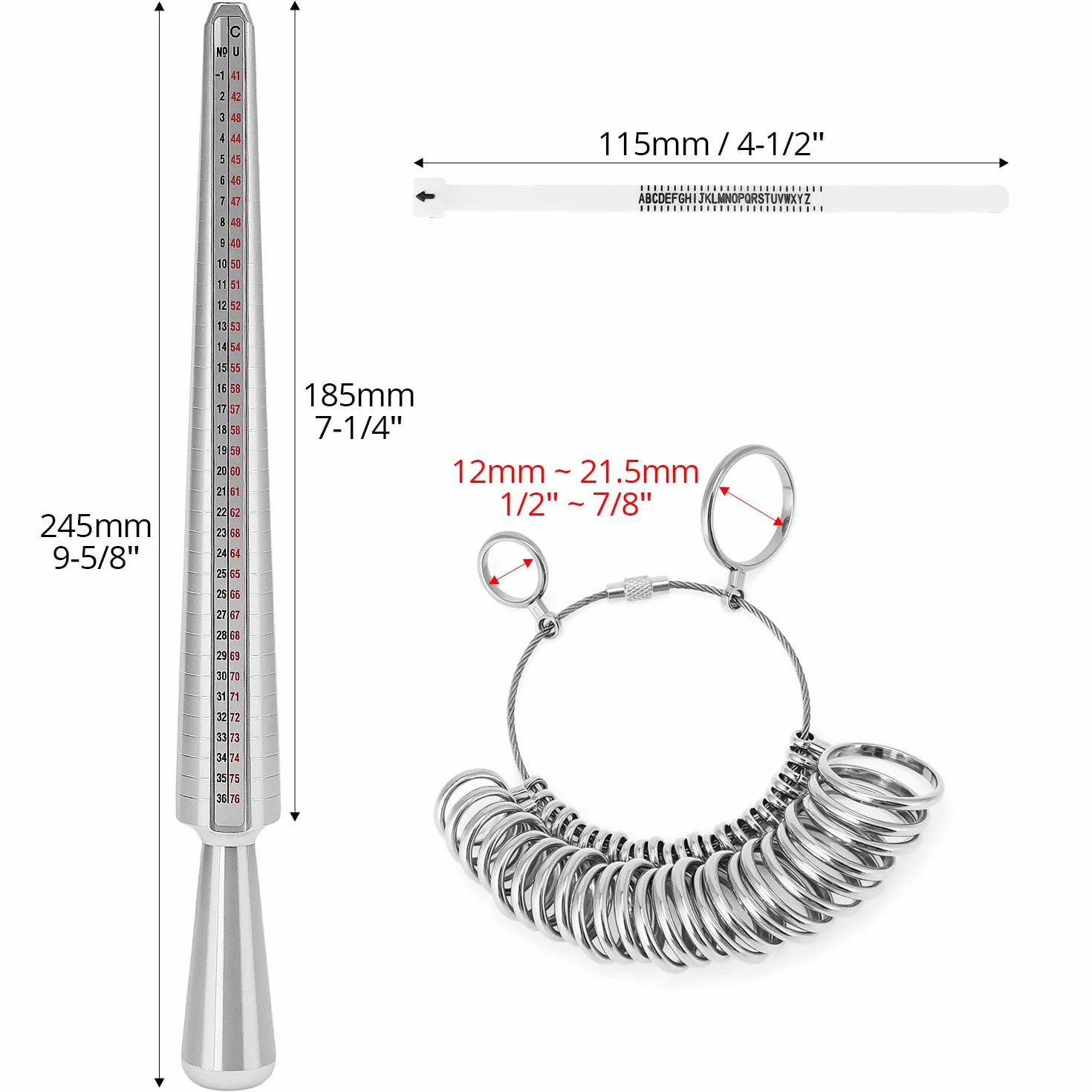 QWORK® Pomiar rozmiaru pierścionka, determinator rozmiaru metalowych pierścionków, miernik rozmiaru pierścionka UK EU 41-76, taśma pomiarowa do pierścionków