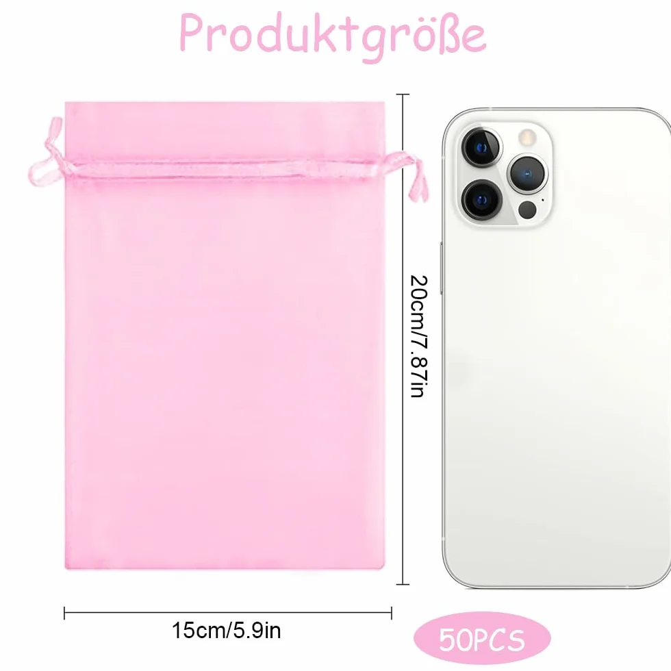 dogmoon Woreczki z organzy ze sznurkiem, 50 sztuk, 15 × 20 cm, torebki na prezent, z organzy, na biżuterię, torebki na biżuterię, ślubne lub świąteczne imprezy (różowe)