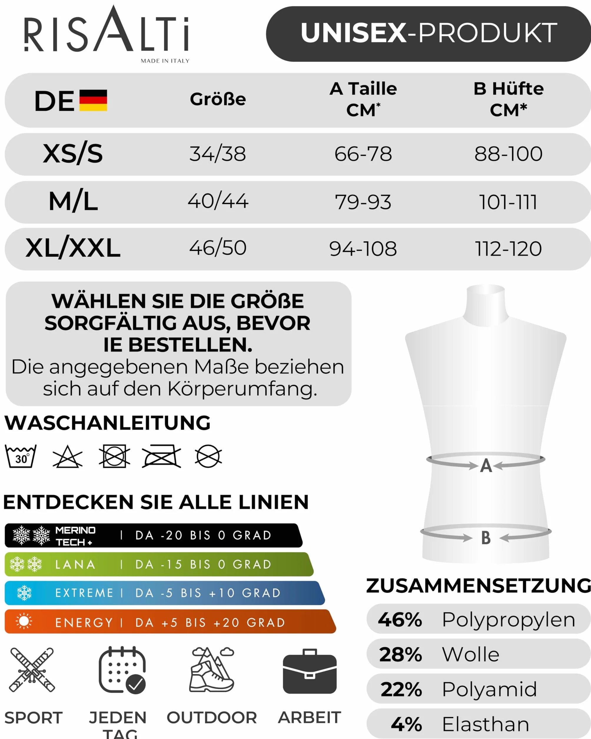 Risalti MęSkie Spodnie Termiczne Unisex Z WełNy MerynosóW - Damskie Zimowe Legginsy Termiczne, MęSka OddychająCa, Elastyczna Bezszwowa Odzież Termiczna - Made In Italy