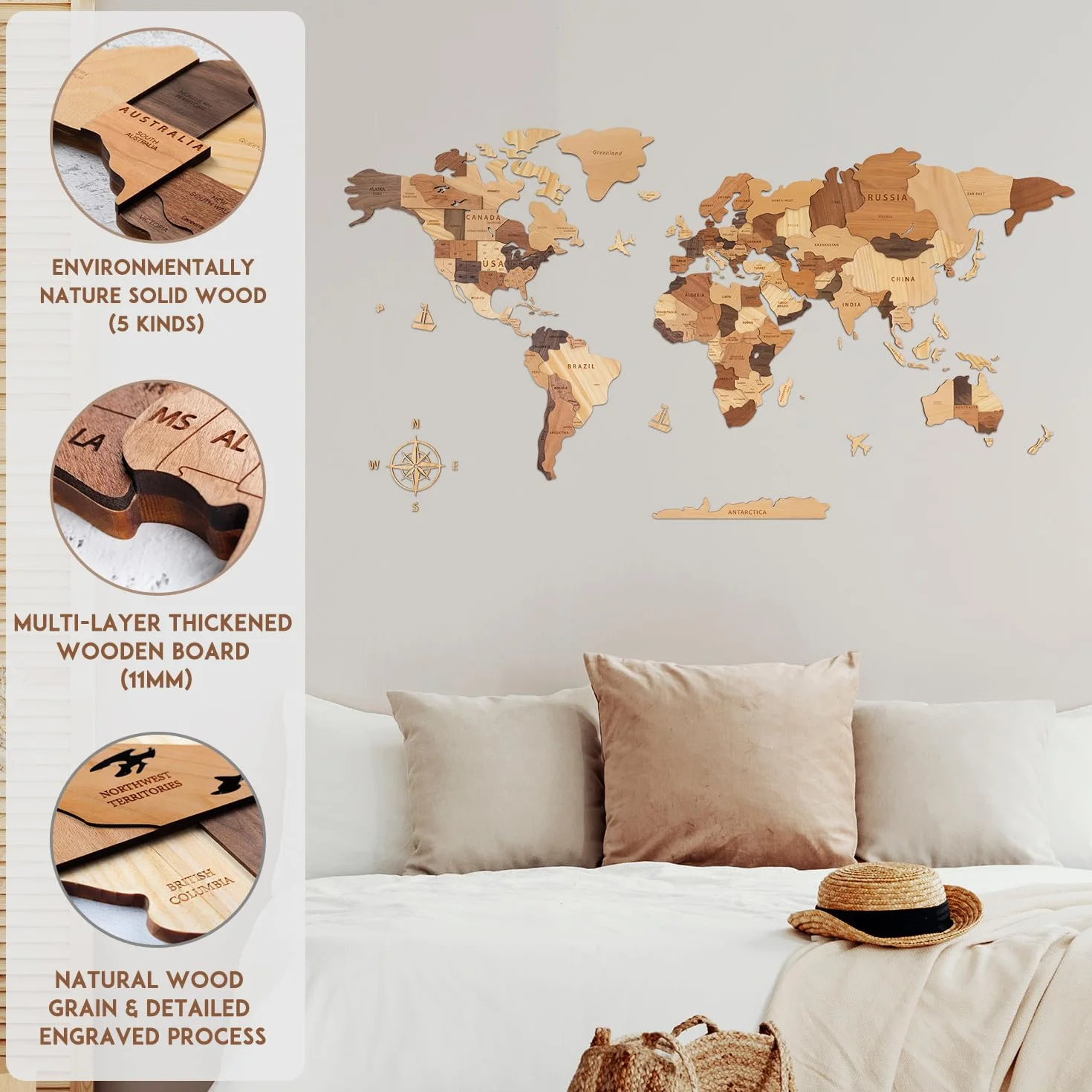 Creawoo Dekoracja Ścienna Mapa Świata 3D, Wielowarstwowa Mapa Drewna, Mapa Domu, Biura, Wielokolorowa, Kreatywny Prezent, 150 x 85 cm