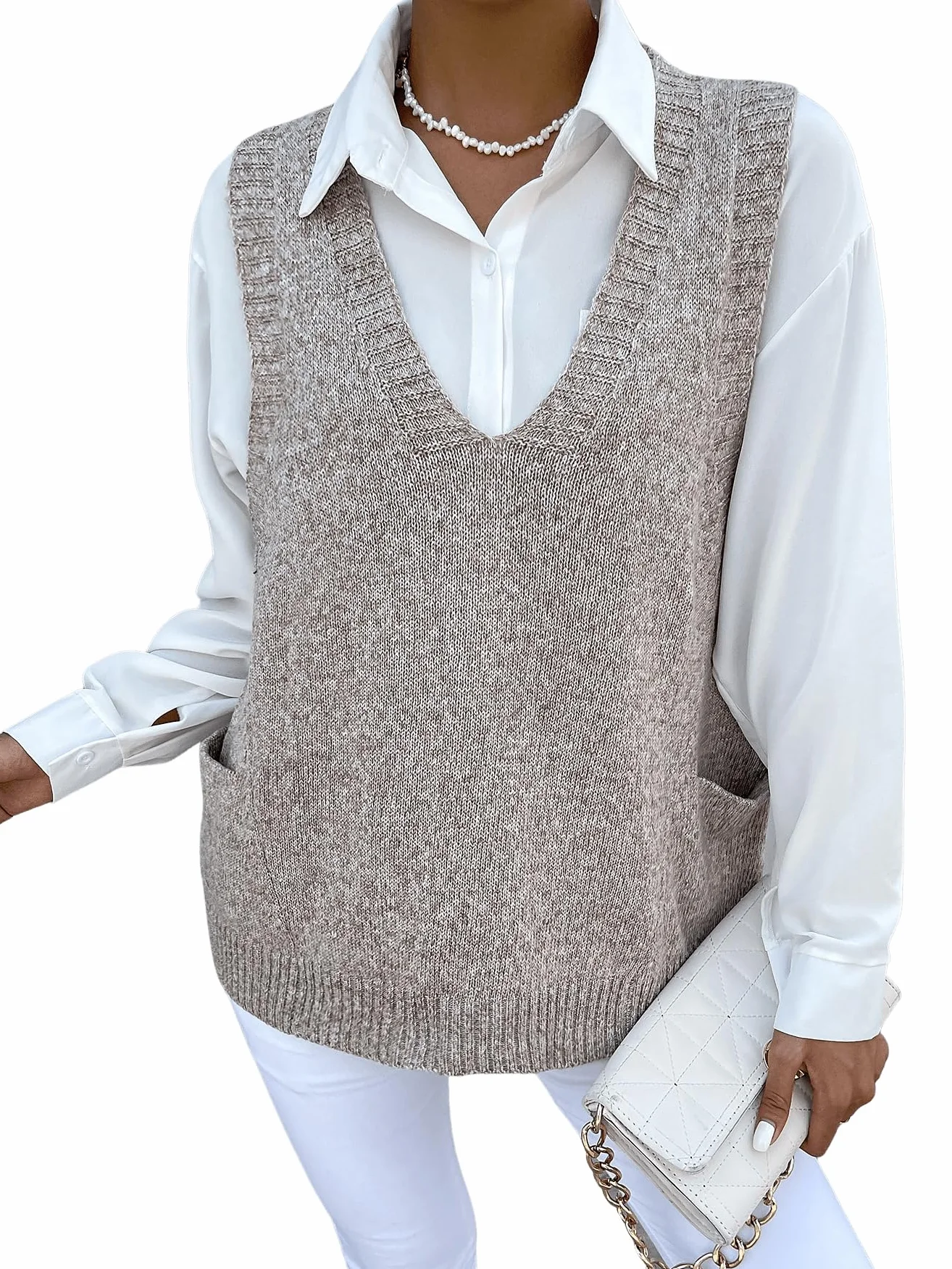 GORGLITTER Damski sweter z dzianiny z kieszeniami, dzianina żeberkowa, dekolt w serek, kamizelka z dzianiny, na czas wolny