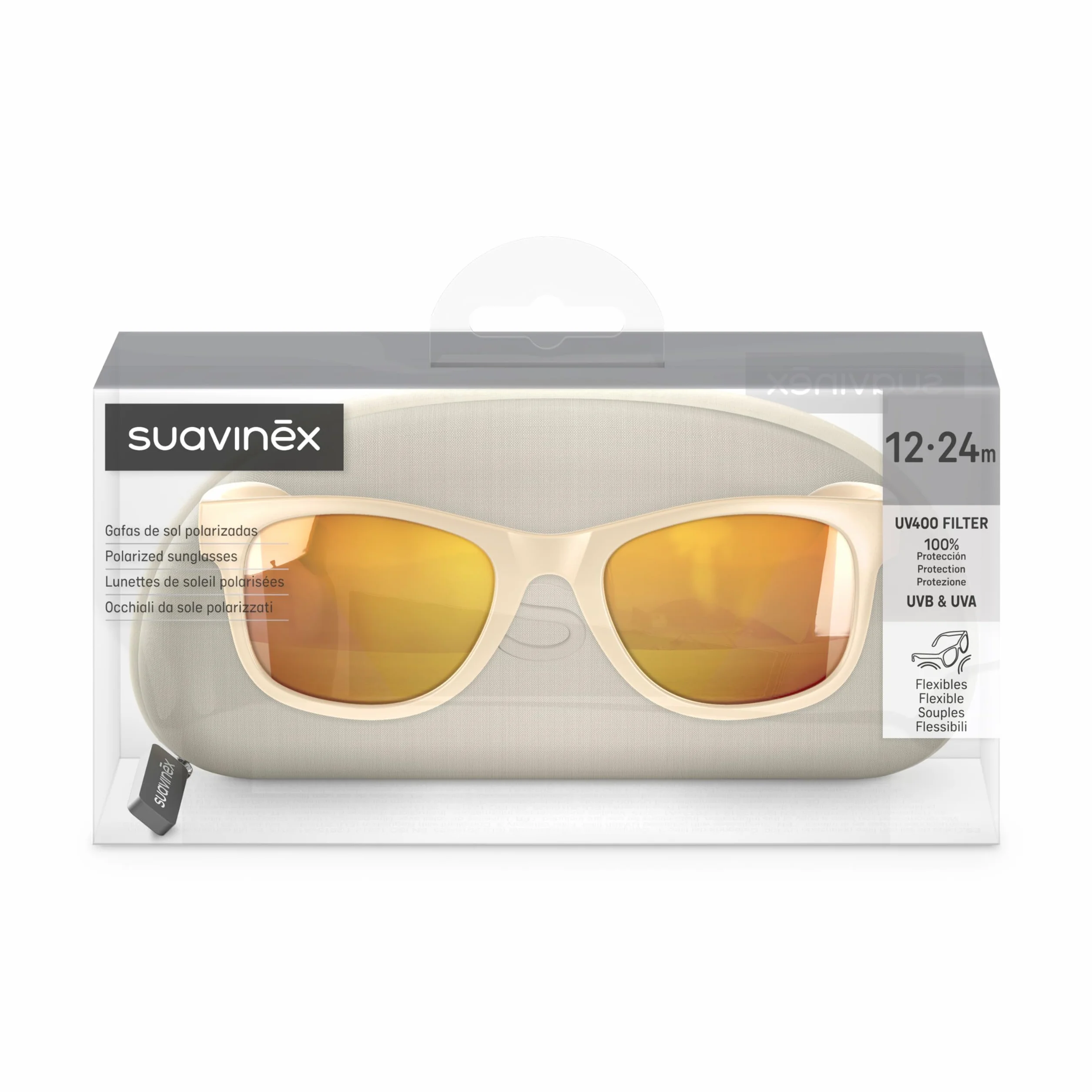 Suavinex, Okulary przeciwsłoneczne dla dzieci w wieku 12-24 miesięcy, polaryzacyjne, z filtrem UV 400, 100% ochroną UVA i UVB, z pokrowcem ochronnym, bardzo elastyczne i lekkie, kwadratowy kształt,