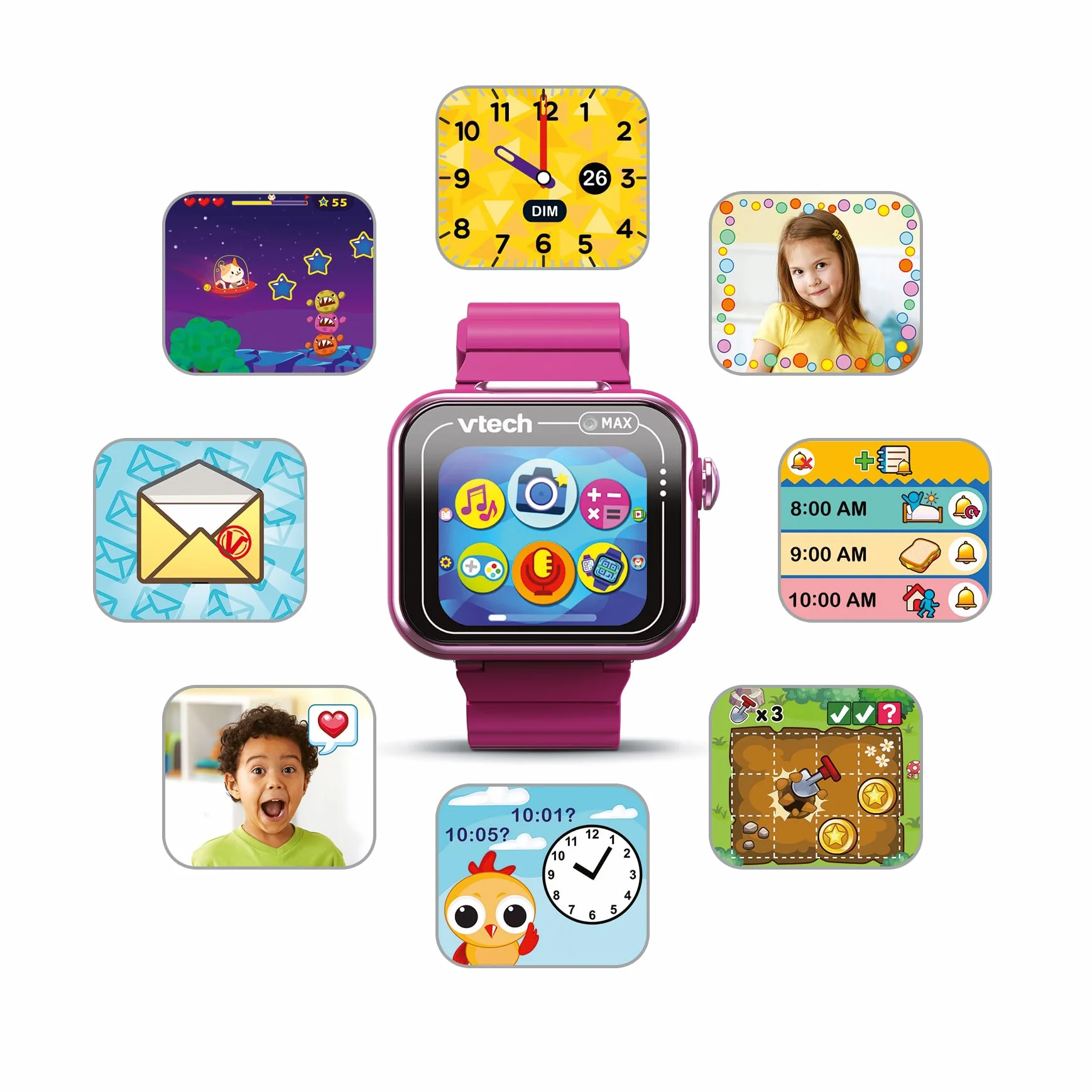 VTech - Kidizoom Smartwatch MAX Raspberry Smart Watch dla dzieci, podwójny aparat fotograficzny, filmy, gry, poziomy ekran dotykowy, wersja ESP