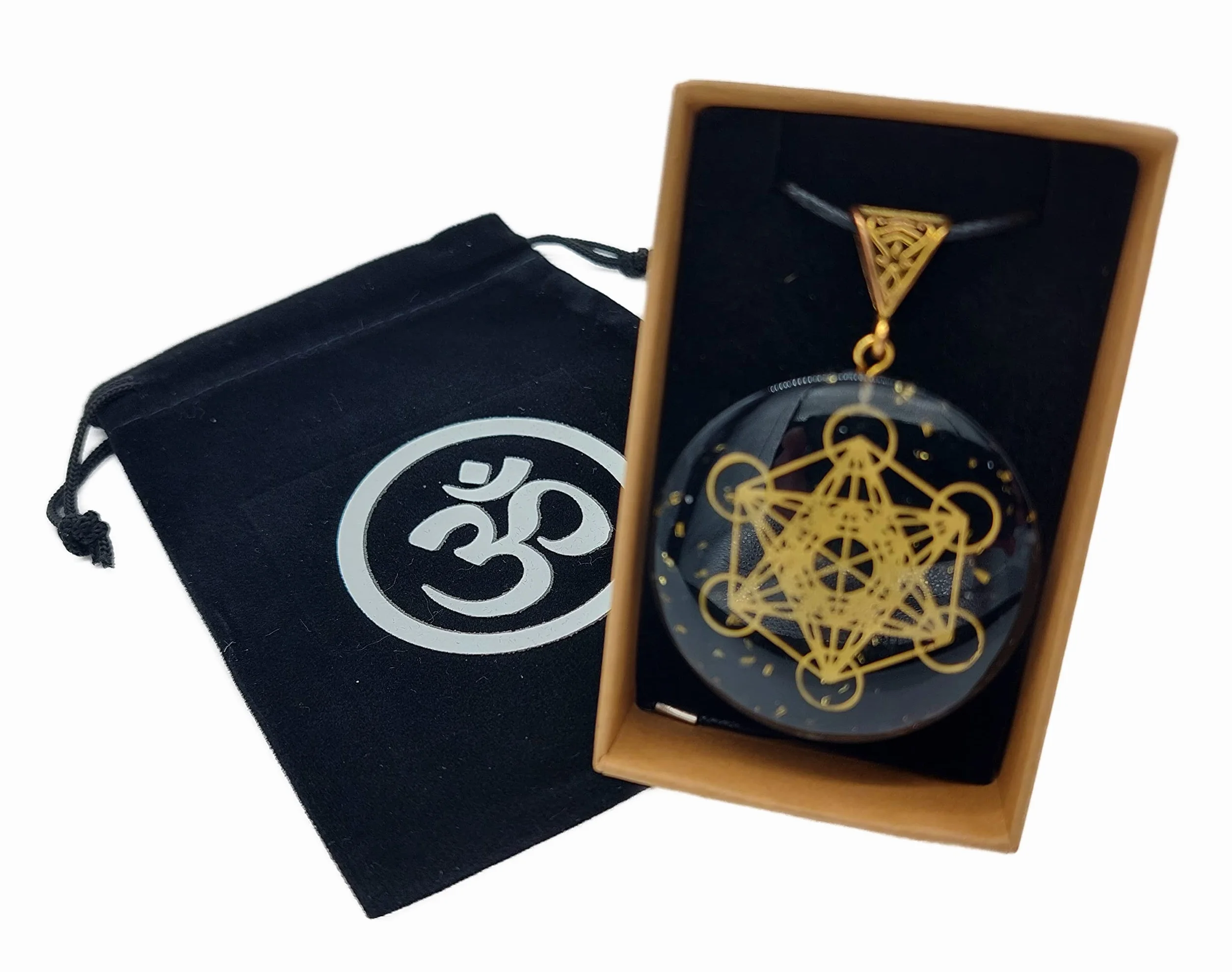 Orgonit czarny turmalin kamień szlachetny czakra amulet okrągły z kostką Metatrons w pudełku na biżuterię | ochrona energii szczęście harmonia, ca. 4 cm Durchmesser, Metal