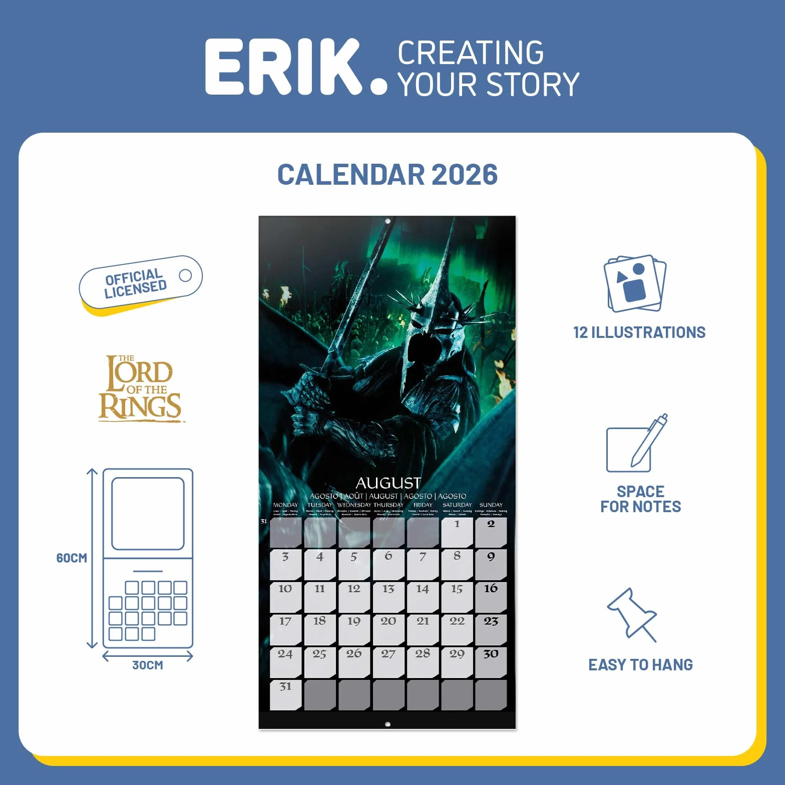 Grupo Erik Wall Calendar 2026 - The Lord of the Rings Calendar 2026 | Square 30 x 30 cm - 12 x 12 in Wall Planner, Family Planner Month To View | The Lord of the Rings Gifts, LOTR Gifts For Friends