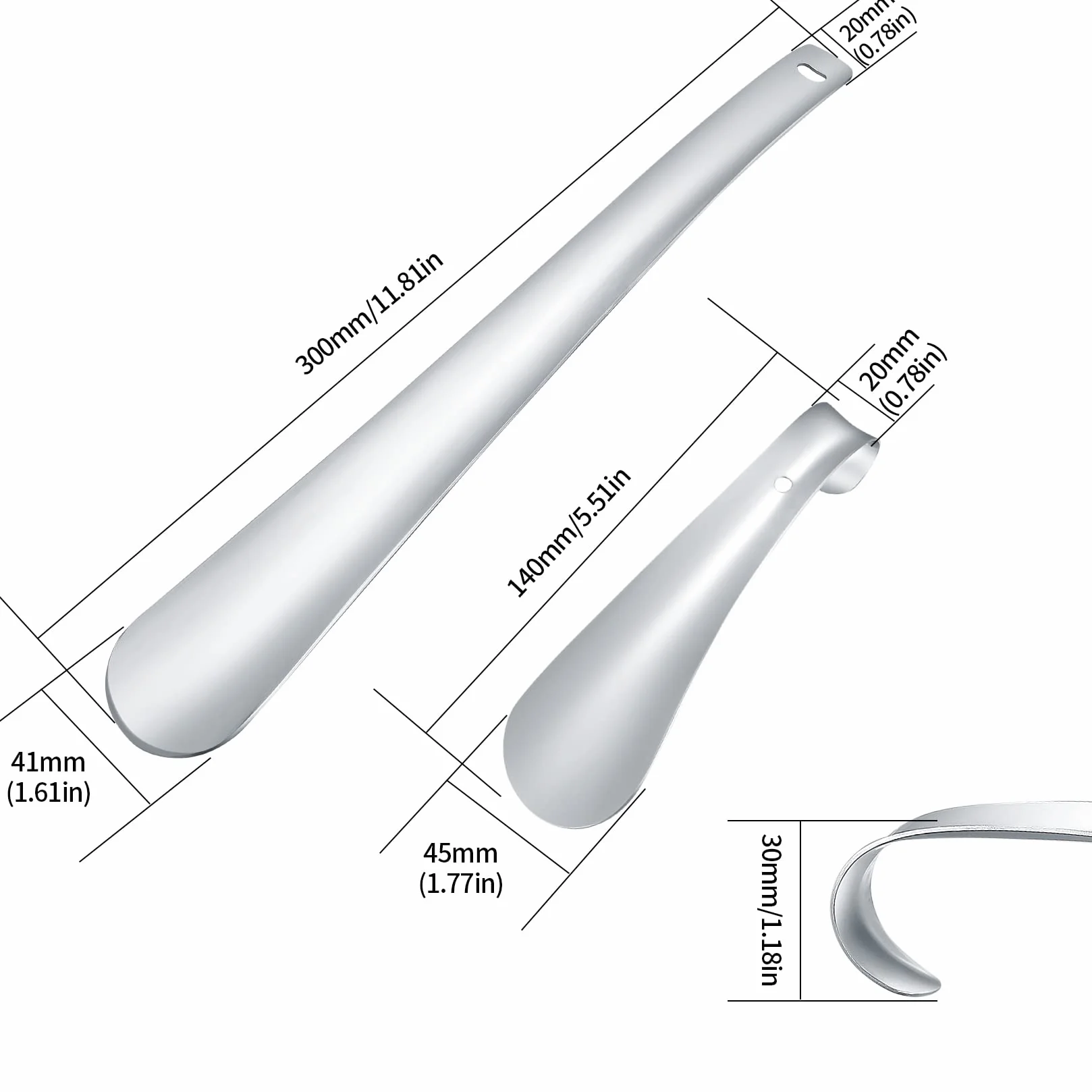 Zestaw 2 metalowych łyżek do butów, długa i krótka, łyżki do butów ze stali nierdzewnej (30 cm + 14 cm), dla osób, którym trudno się schylać, seniorów, dzieci, łyżki do butów