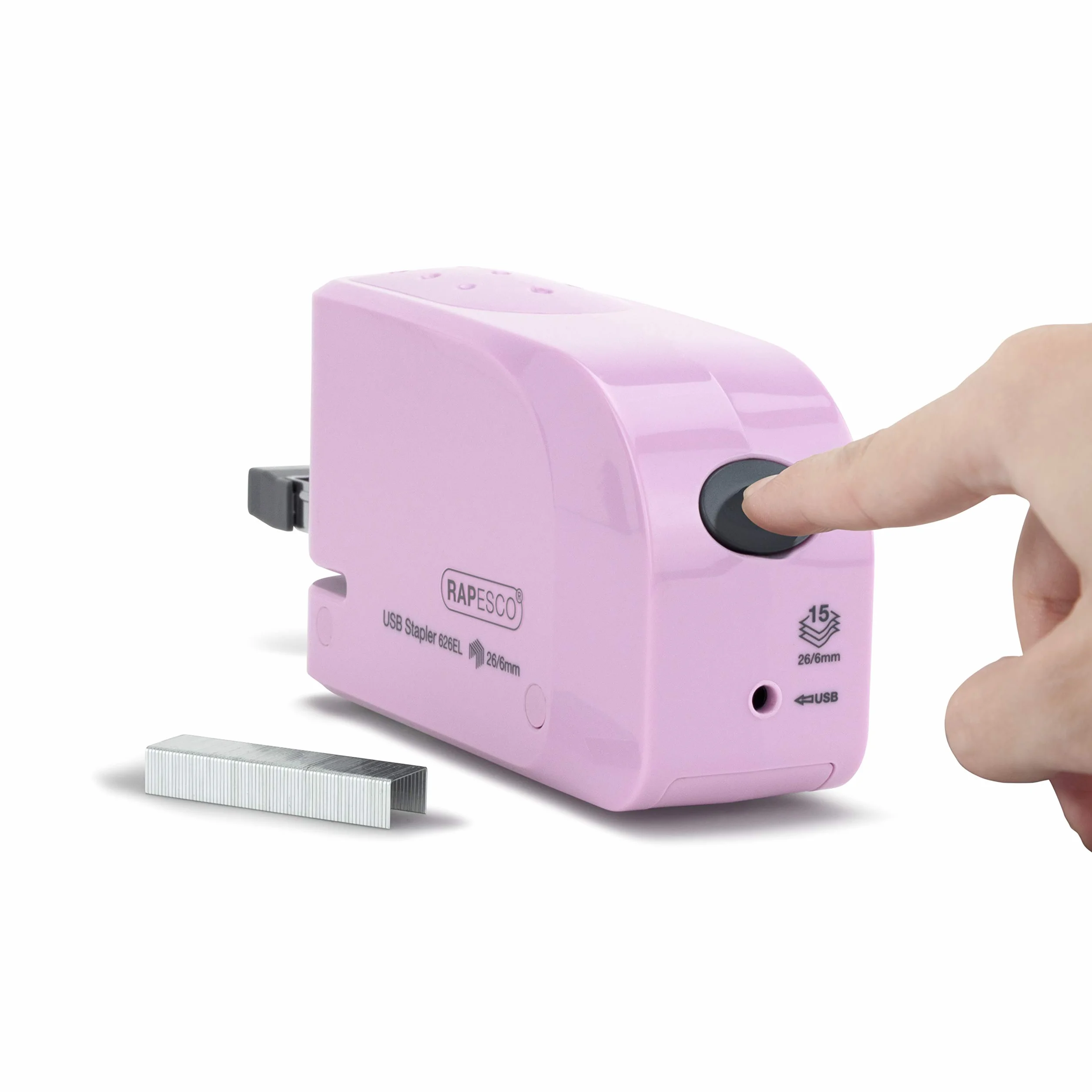 Rapesco 1451 626EL Automatyczny zszywacz USB/akumulatora ze 1000 zszywkami 26/6 mm, pojemność 15 arkuszy, cukierkowy różowy