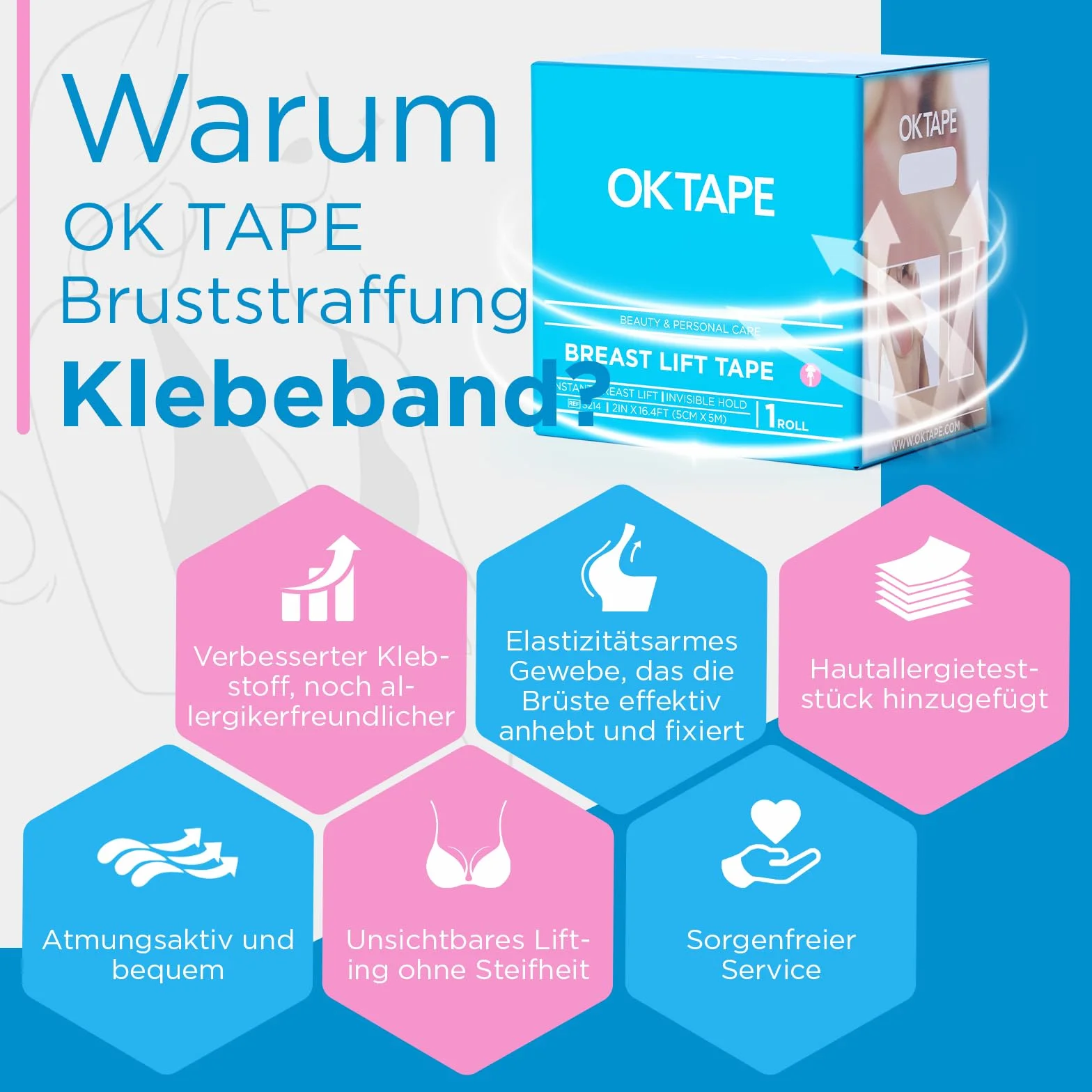 OK TAPE Opaska do podnoszenia biustu dla dużych piersi A-G, niewidzialna wstążka z 5 parami osłon na sutki, odzież do sukienek, taśma body dla dużych piersi