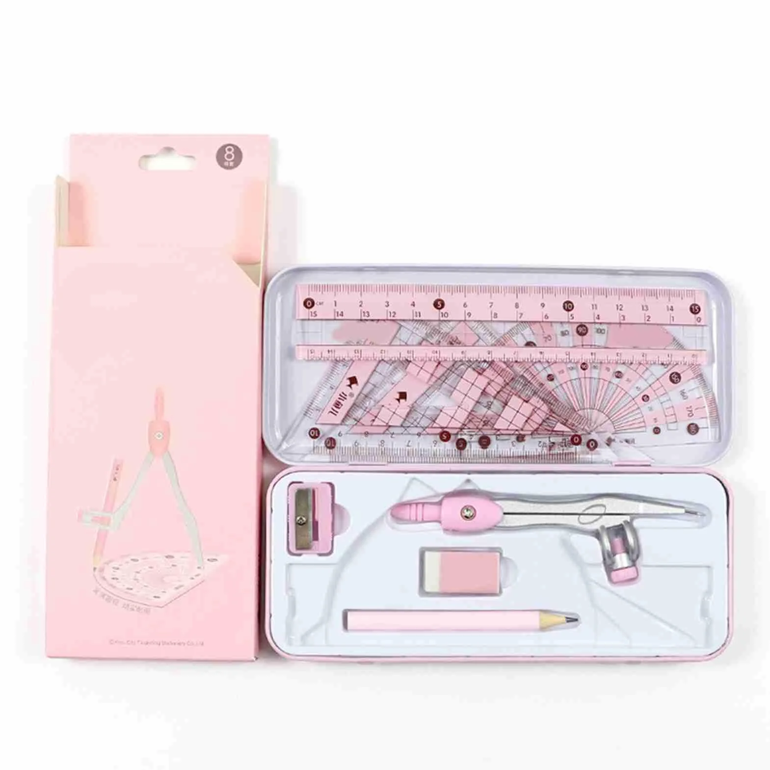 8-częściowy Zestaw Geometrii Matematycznej Materiały Szkolne z Linijkami Kątomierz Kompas Gumka Temperówka do Szkolnego Biura Praca w Domu (PINK)