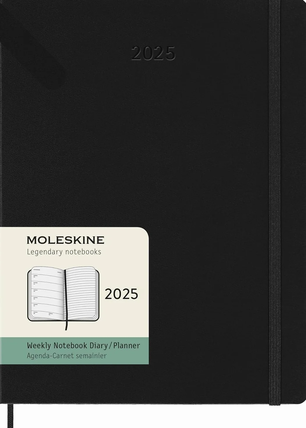 Moleskine Planer tygodniowy, z miejscem na notatki 12 miesięcy 2025, twarda okładka i elastyczne zamknięcie, kolor czarny, bardzo duży format, 19 x 25 cm