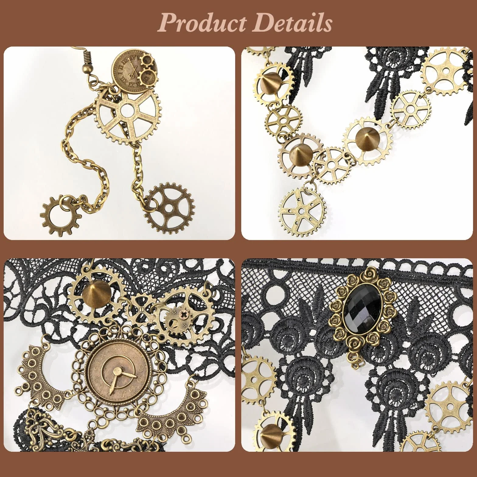 HOWAF Steampunk akcesoria Steampunk kostium dla kobiet i mężczyzn, koła zębate steampunk, naszyjnik koronkowy, gotycki choker, naszyjnik, bransoletki, steampunk, kolczyki, gotycka biżuteria, okulary,
