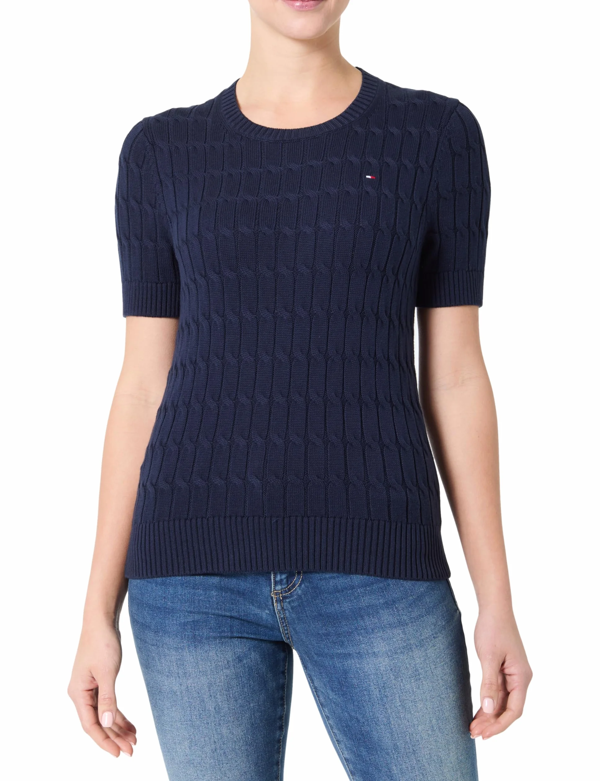Tommy Hilfiger Women's Knitted Jumper Kabel CO MID GG SS C-NK SWT WW0WW38744, Niebieski (Dark Night Navy), S