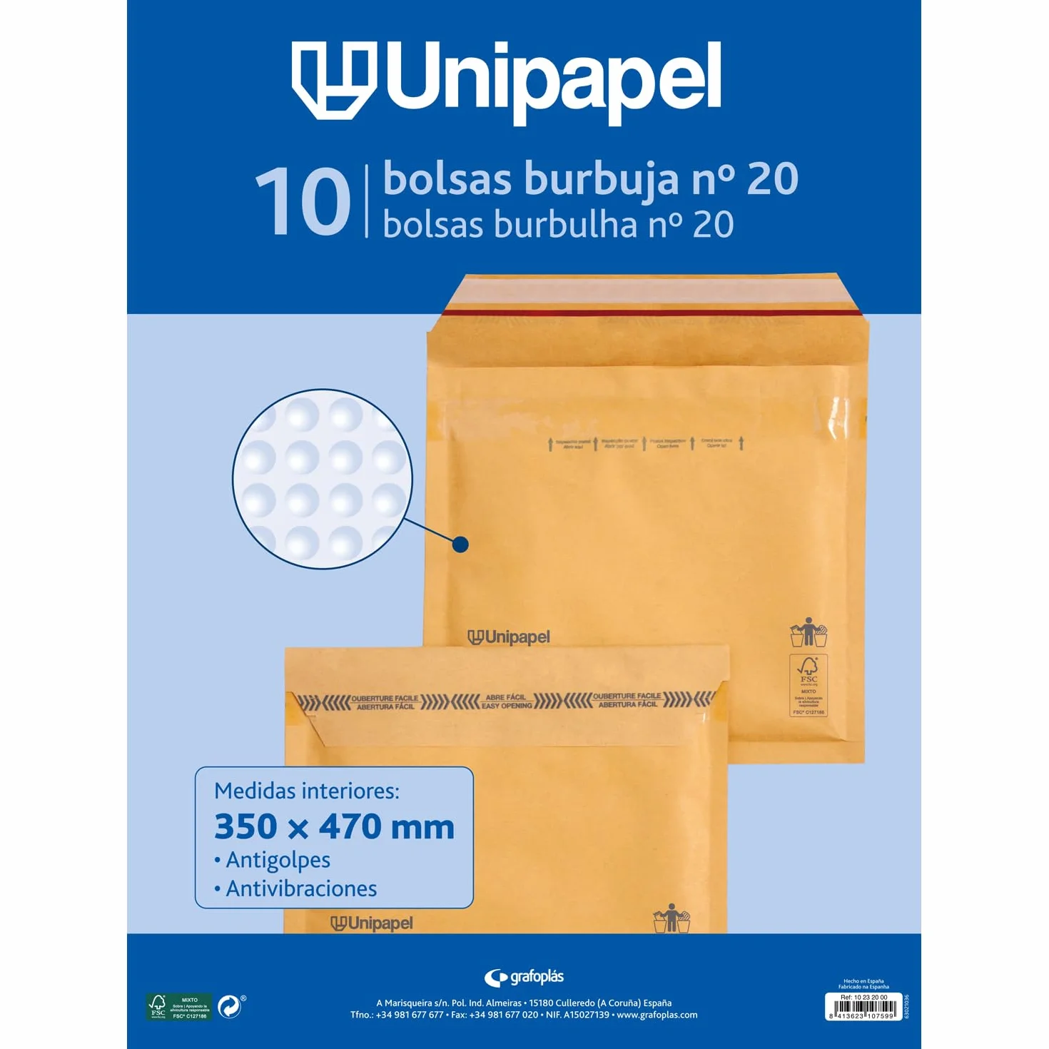 Unipapel | Koperty pikowane Kraft z wewnętrznym papierem bąbelkowym | Nr 20 Wymiary 350 x 470 mm | Samoprzylepne zamknięcie | Opakowanie 10 szt. | Idealne do bezpiecznej i chronionej wysyłki |