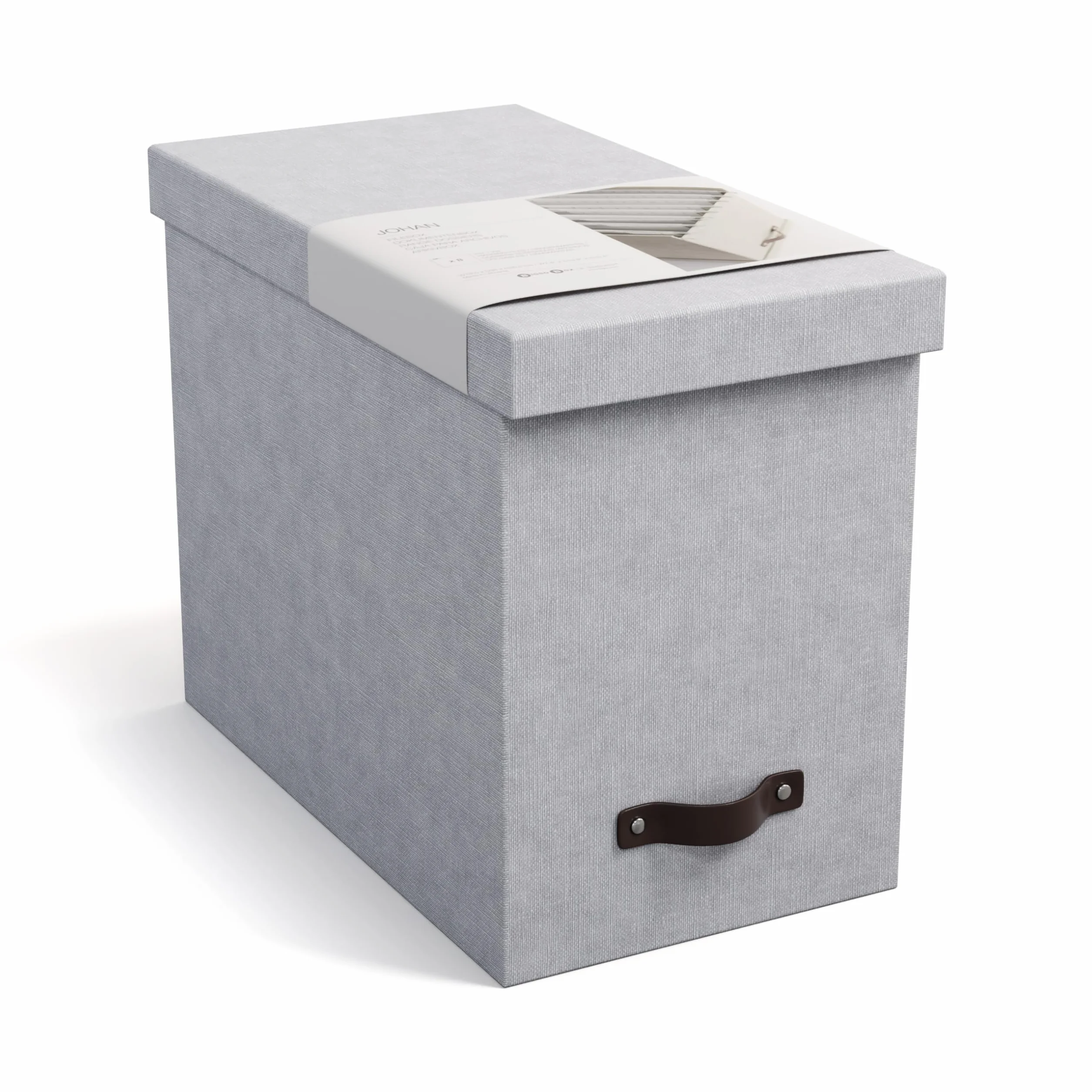 Bigso Box of Sweden JOHAN Pudełko z pokrywką – stylowe pudełko archiwalne z 8 zawieszanymi skoroszytami – pudełko na teczki wiszące z płyty pilśniowej i papieru o stylowym wyglądzie lnu – jasnoszare