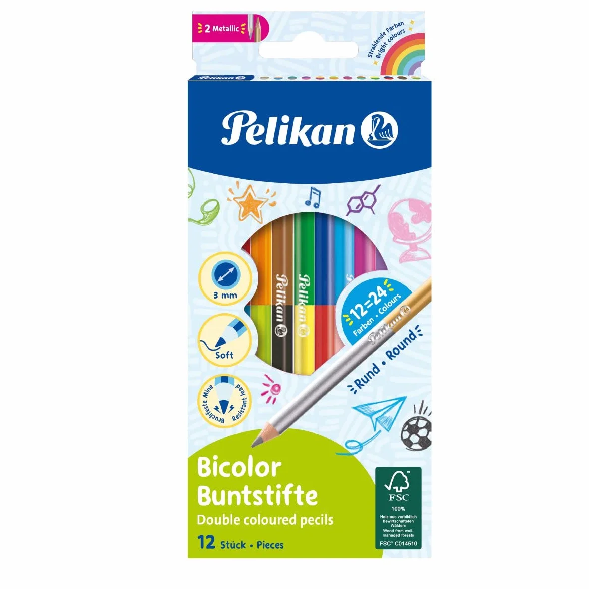 Pelikan® Kredki drewniane Bicolor 12szt do Pisania Rysowania Kaligrafii | Trwałe Solidne | Dla prawo i lewo ręcznych | Do Szkoły Pracy Biura Na studia | Komfortowe i Gładkie pisanie | Mix kolorów