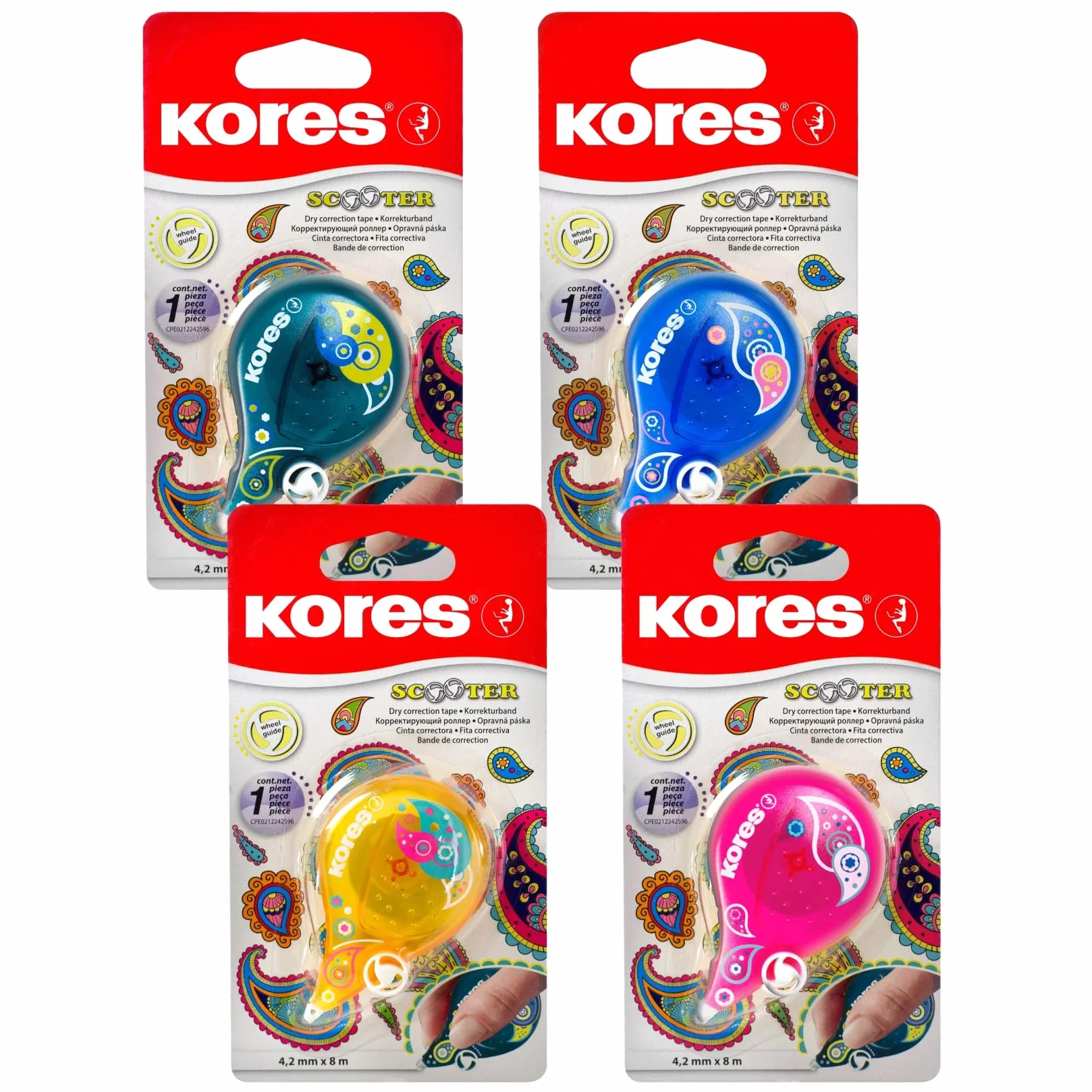 Kores - Skuter: Paisley korektor z myszką dla uczniów i dorosłych, nieodklejający się suchy wałek korekcyjny z prowadnicą koła o ergonomicznym kształcie, do szkoły - 8 m x 4,2 mm