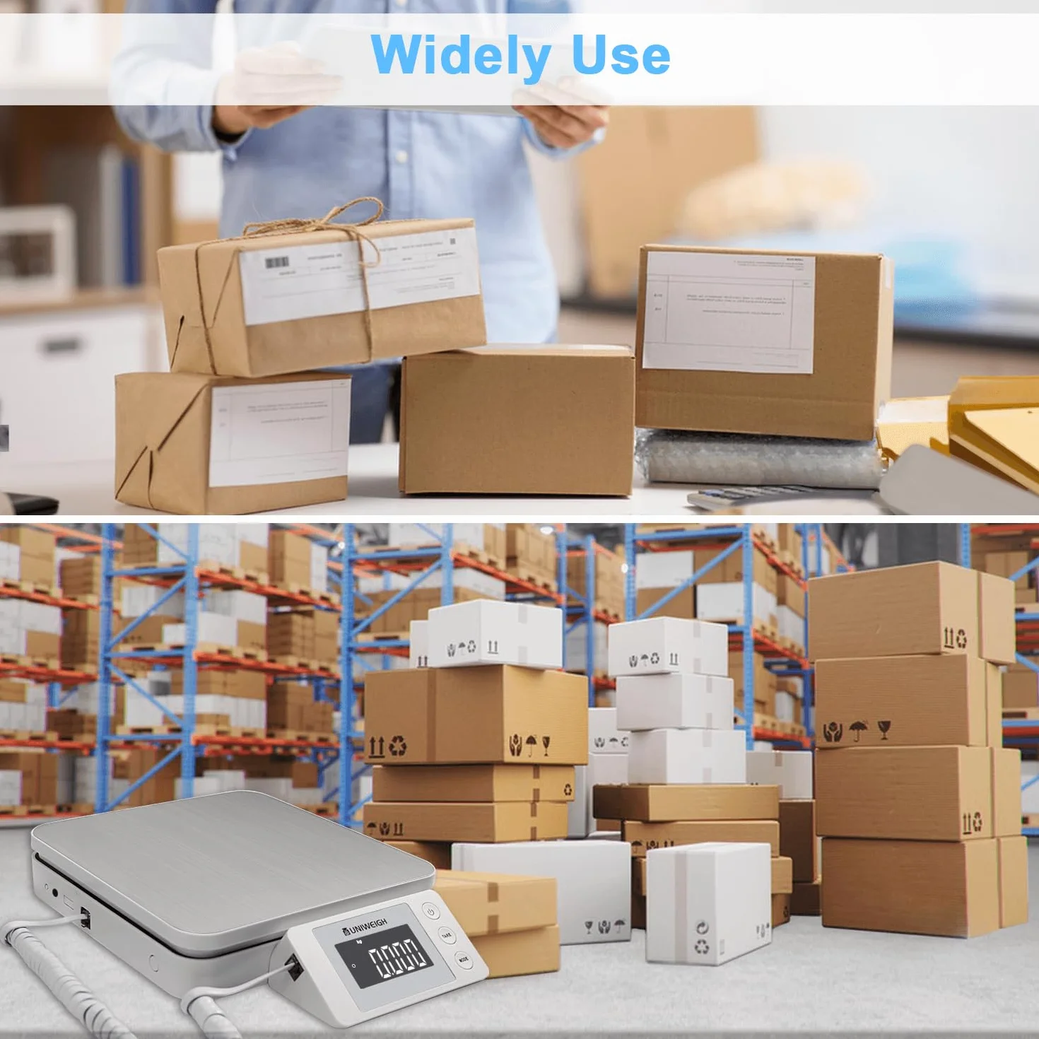 UNIWEIGH Cyfrowa Waga Pocztowa Do Przesyłek 88 lb/0,1 oz, Z Tarą i Wyświetlaczem LCD, Do Paczek i Małych Firm, Z Kablem USB i 2 Bateriami AAA