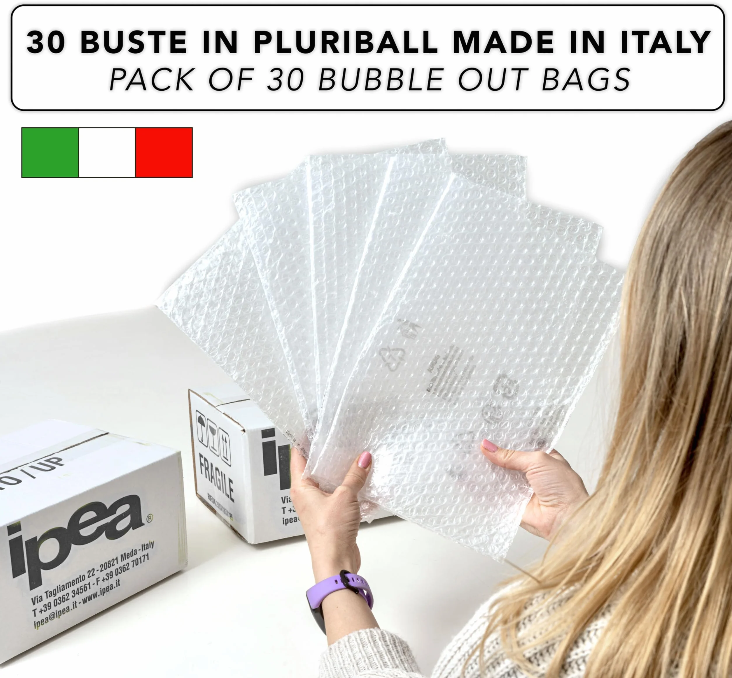 IPEA Woreczki bąbelkowe do pakowania i wysyłki - 30 sztuk - Made in Italy - 30 x 20 cm - duża torba bąbelkowa do ochrony, wyściółki, pakowania przedmiotów - odporna na rozdarcia i wstrząsy