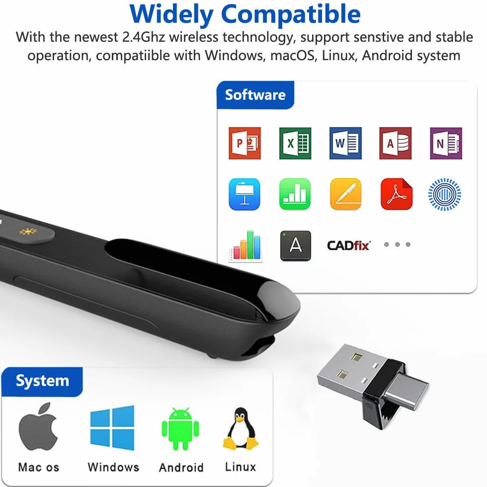 2 w 1 USB typu C Presentation Clicker do pilota PowerPoint, bezprzewodowy wskaźnik prezentacji hiperłącza, prezentacja USB, pilot zdalnego sterowania PPT, do komputera, laptopa, Mac