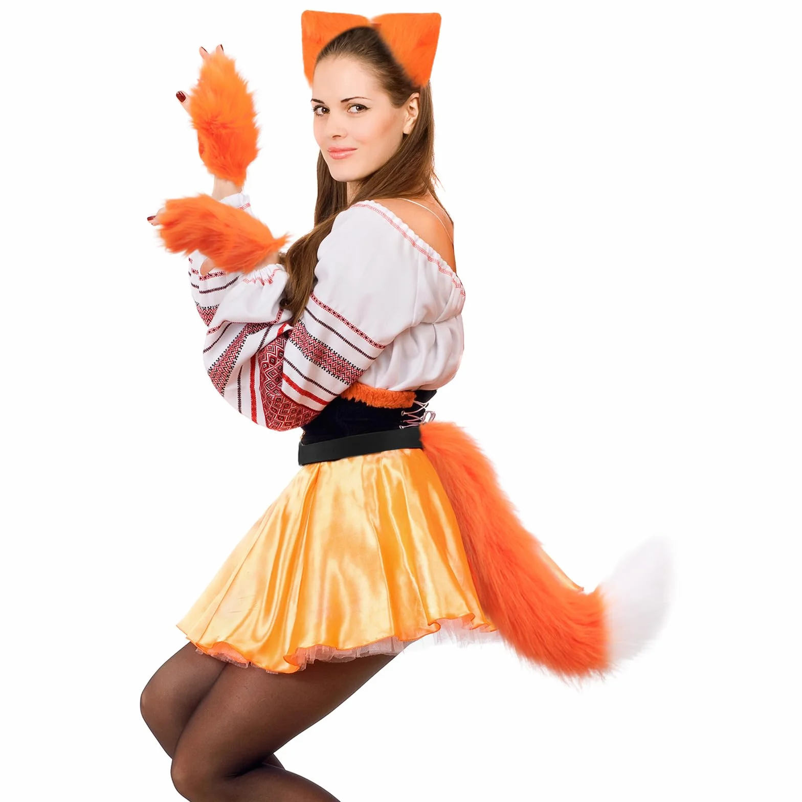 DRESHOW Zestaw Opaski z Uszami i Rękawiczek z Futrem Wilka i Lisa Kostium Cosplayowy na Imprezę Super Duży Puszysty Ogon dla Kobiet