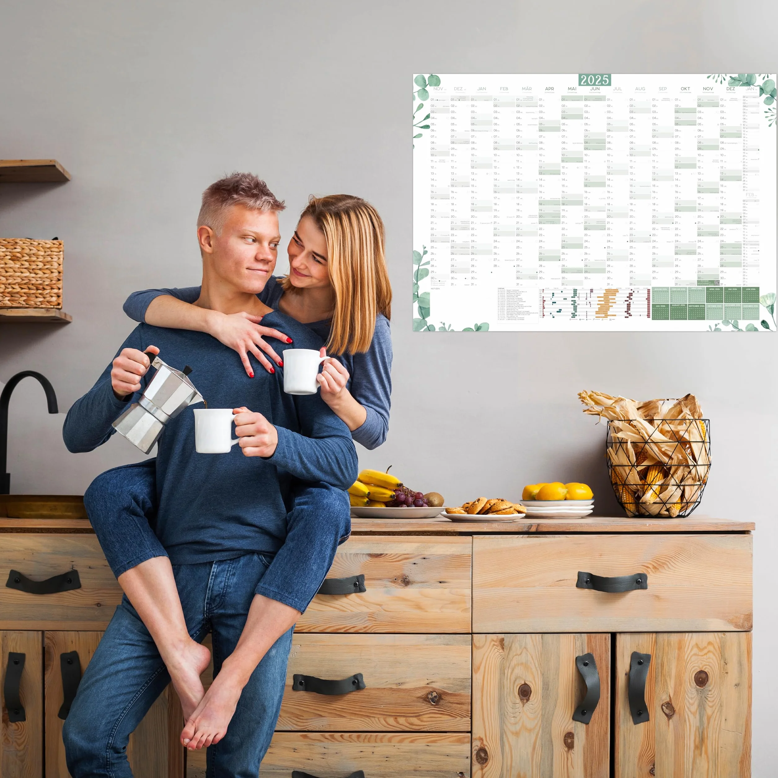 Kalendarz ścienny XXL, eukaliptus, planer roczny DIN A1+, 89 x 63 cm, planer ścienny 2025 w stylu eukaliptusa, składany, kalendarz roczny 2025, domowy, planer rodzinny, kalendarz biurowy na 16