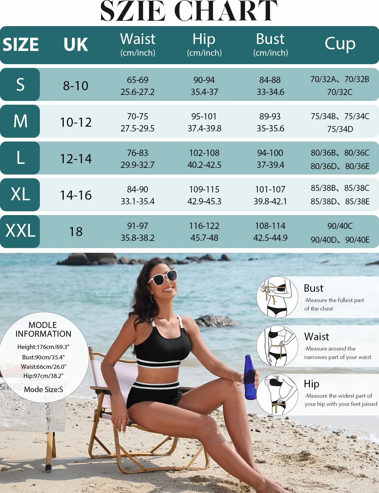 Tuopuda Damski dwuczęściowy strój kąpielowy z wysokim stanem push-up, wyściełany, sportowy, dwuczęściowy top z dołem, strój kąpielowy na plażę, lato