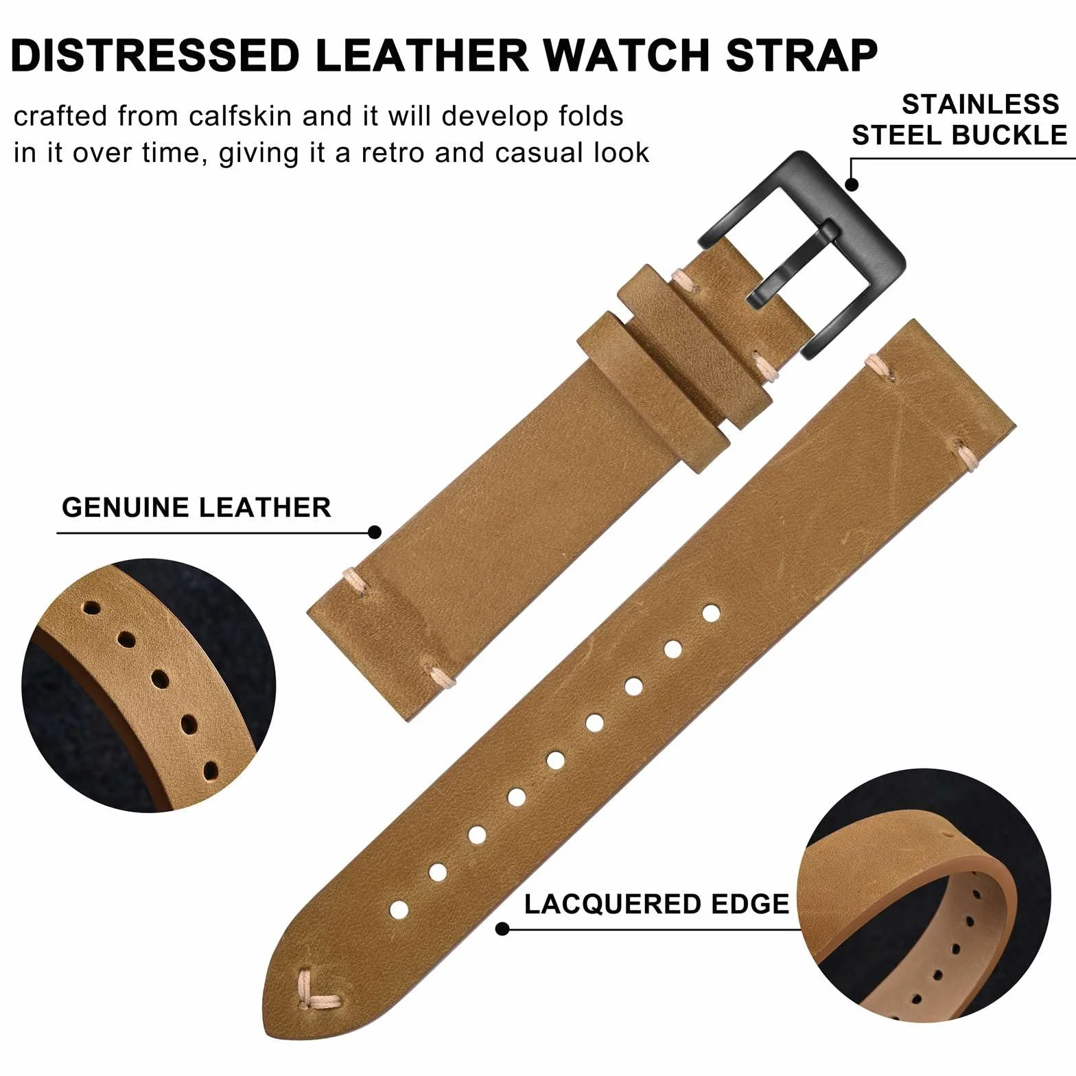 BISONSTRAP Skórzany zamienny pasek do zegarka męskiego, szybkozłączka z teleskopami, szerokość paska: 18 mm, 20 mm, 22 mm