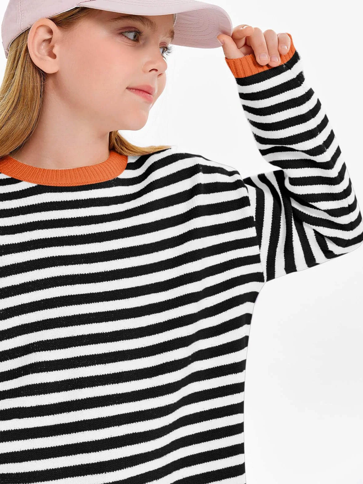 Haloumoning Dziewczęcy sweter w paski, okrągły dekolt, lekki sweter z dzianiny dla dzieci, jednokolorowy, długi rękaw, dzianina, bluza zimowa, top