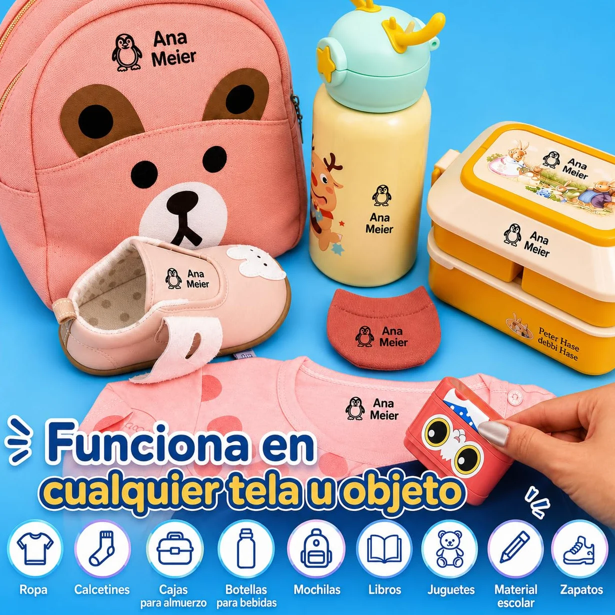 KiddoSpace stemple z imieniem dla dzieci - Kiddostamp dwustronna spersonalizowana pieczęć z imieniem - spersonalizowane znaczki odzieżowe - wodoodporna pieczęć z imieniem (biały + czarny atrament)