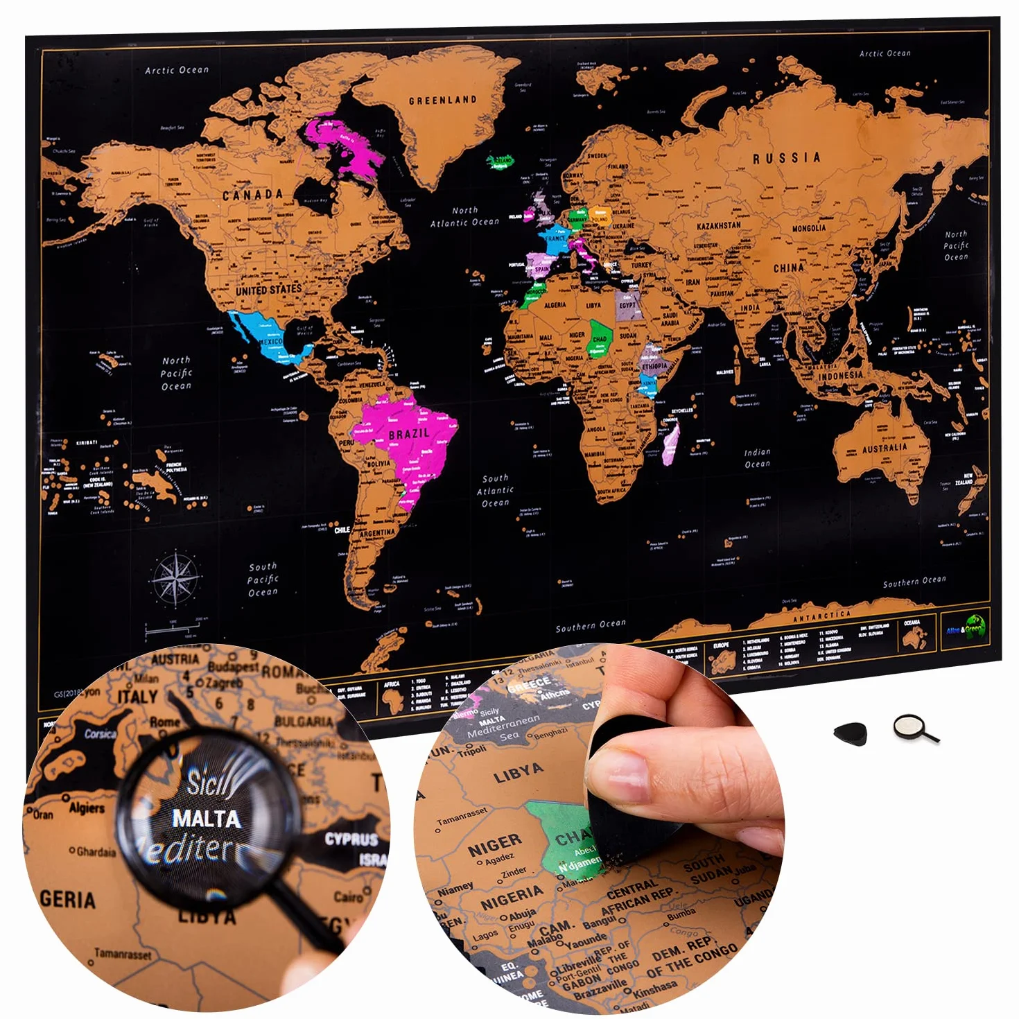 Atlas & Green Duża Mapa Świata Do Zdrapywania - Szczegółowa Kartograficzna Zdrapka Ze Stanami USA, Zestawem Akcesoriów I Elegancką Tubą Prezentową - 70x42 cm